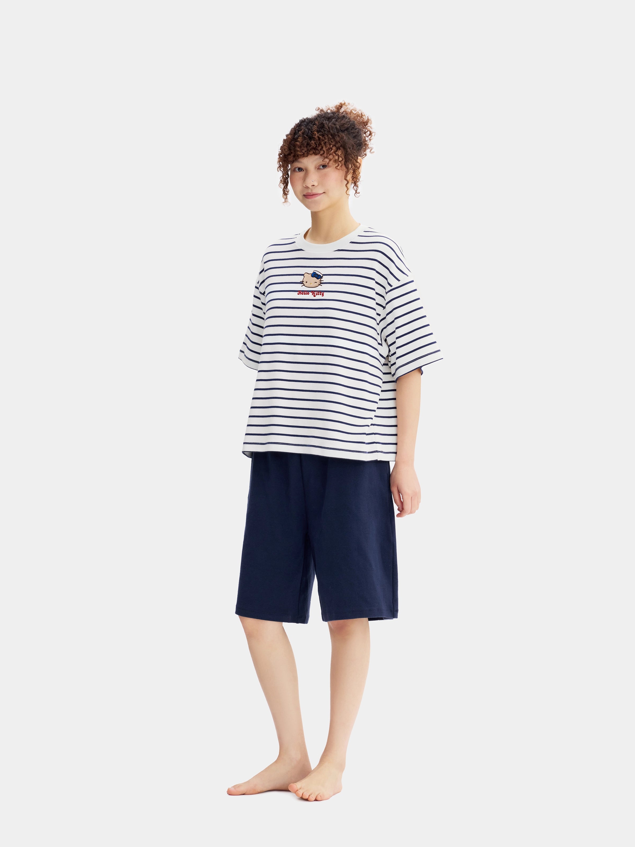 "Hello Kitty" Stretch Cotton Jersey Breton Stripe Loungewear Set Short Sleeve