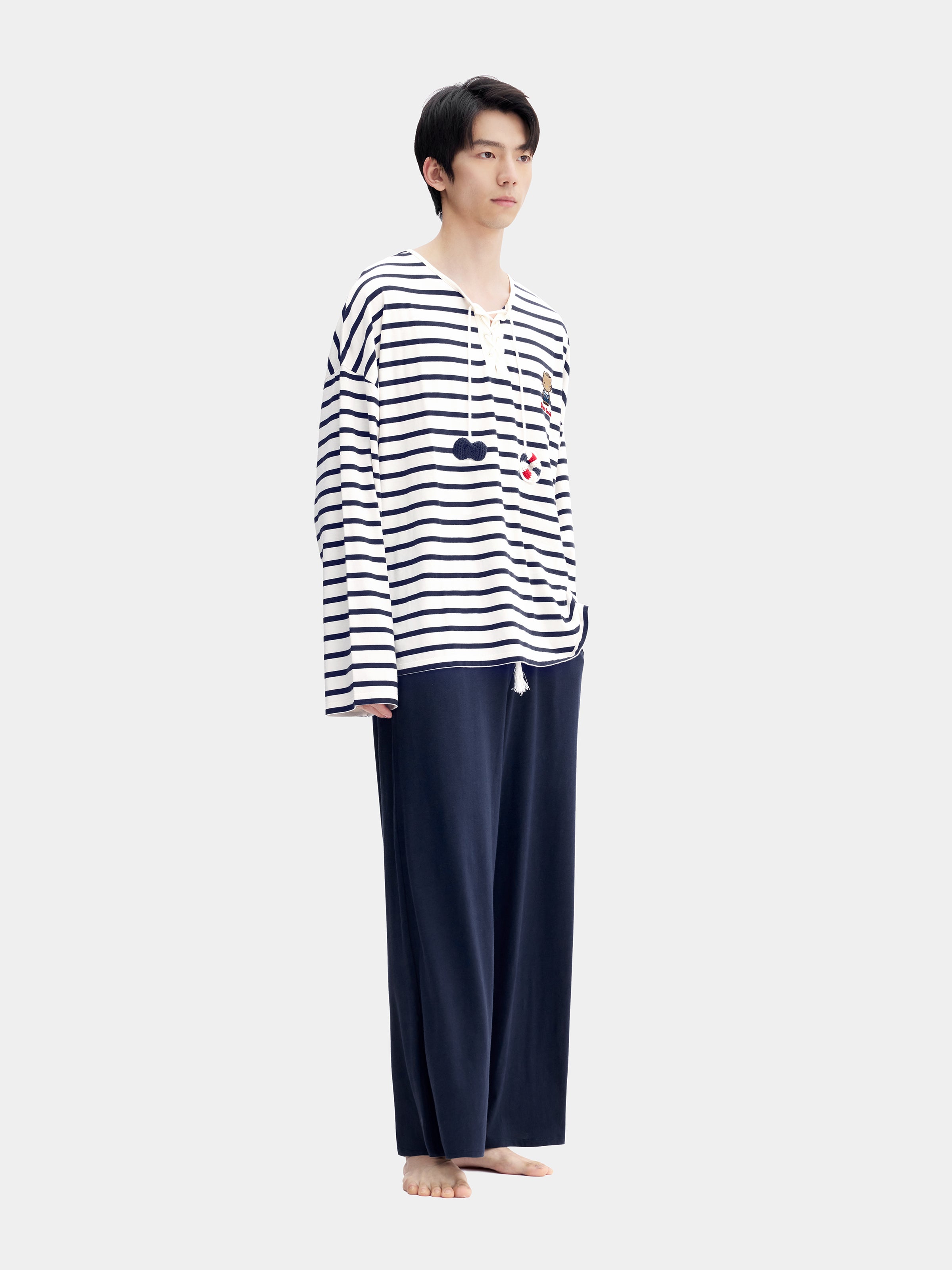 "Dear Daniel" Jersey Breton Stripe Loungewear Set Long Sleeve – Blue & White