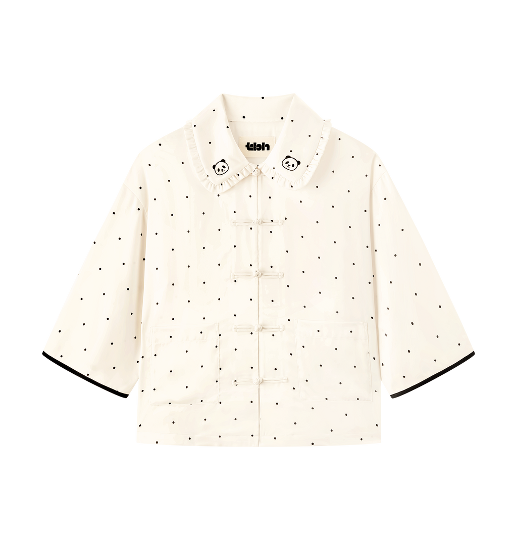 "Panda PomPom" Chinese-Style Satin Loungewear Set – White Polka Dot