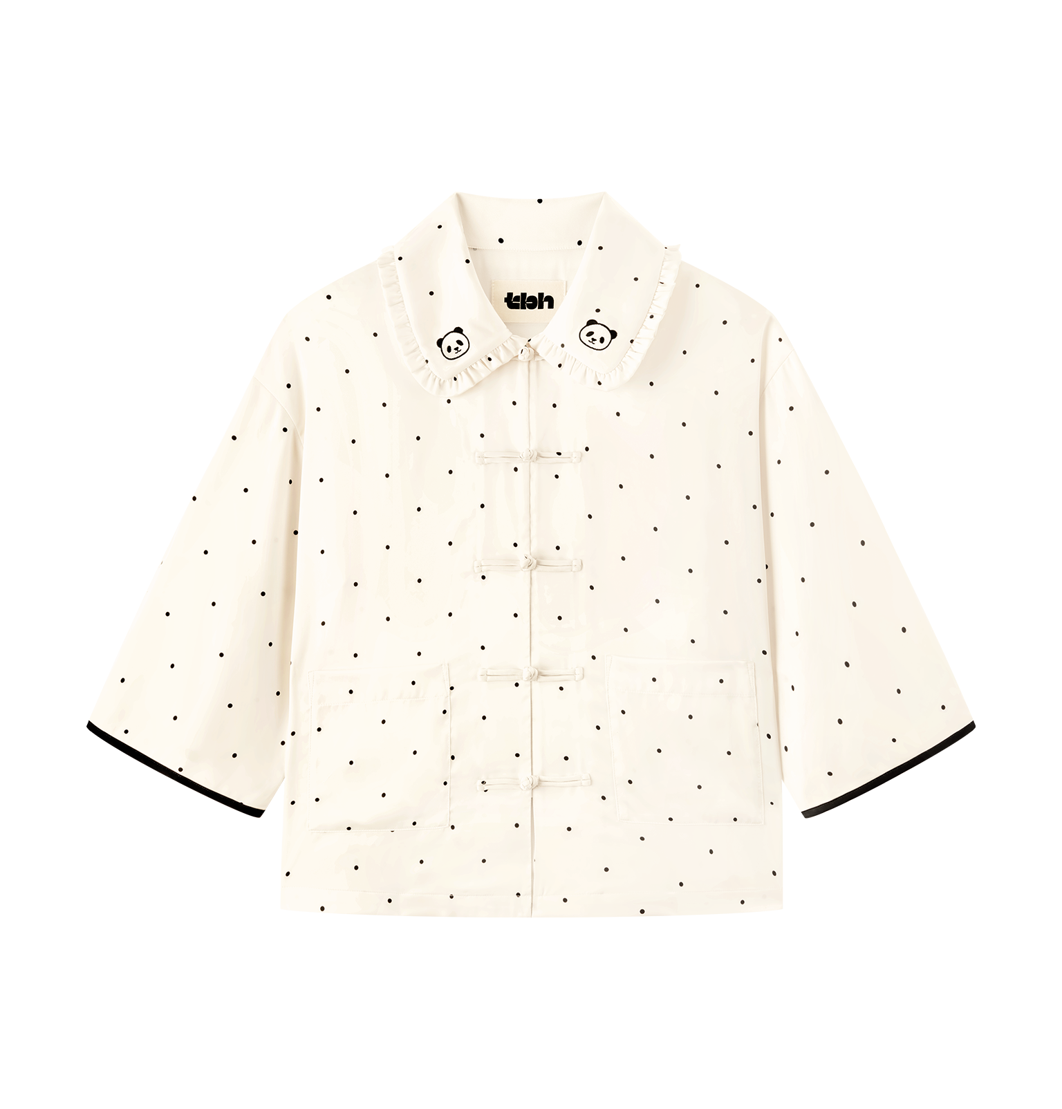 "Panda PomPom" Chinese-Style Satin Loungewear Set – White Polka Dot