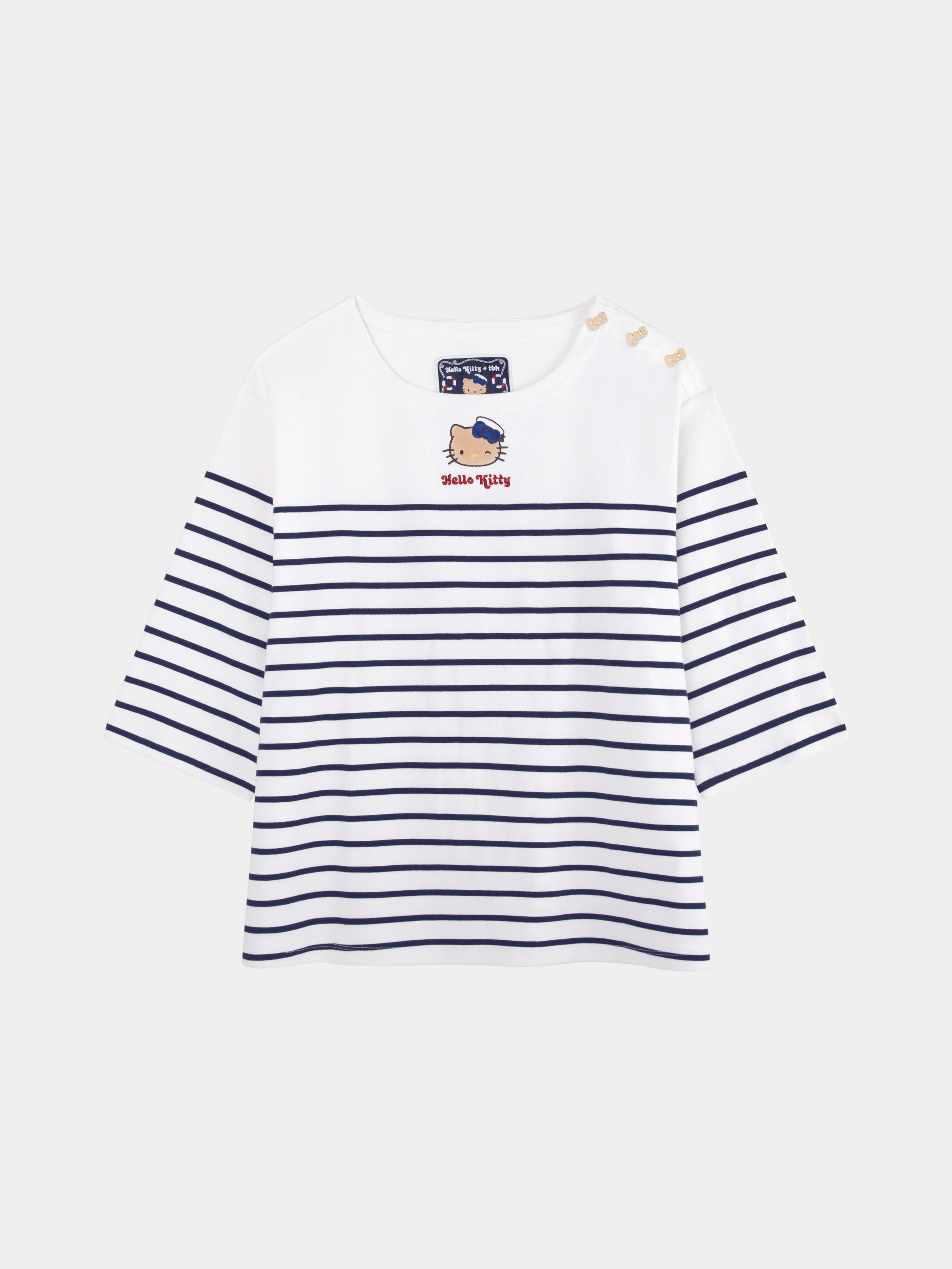 "Hello Kitty" Stretch Cotton Jersey Breton Stripe Loungewear Set Boat Neck Short Sleeve