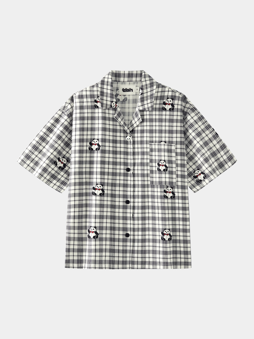 "Panda PomPom" Tencel Cotton Blend Short Loungewear Set – Black Grid