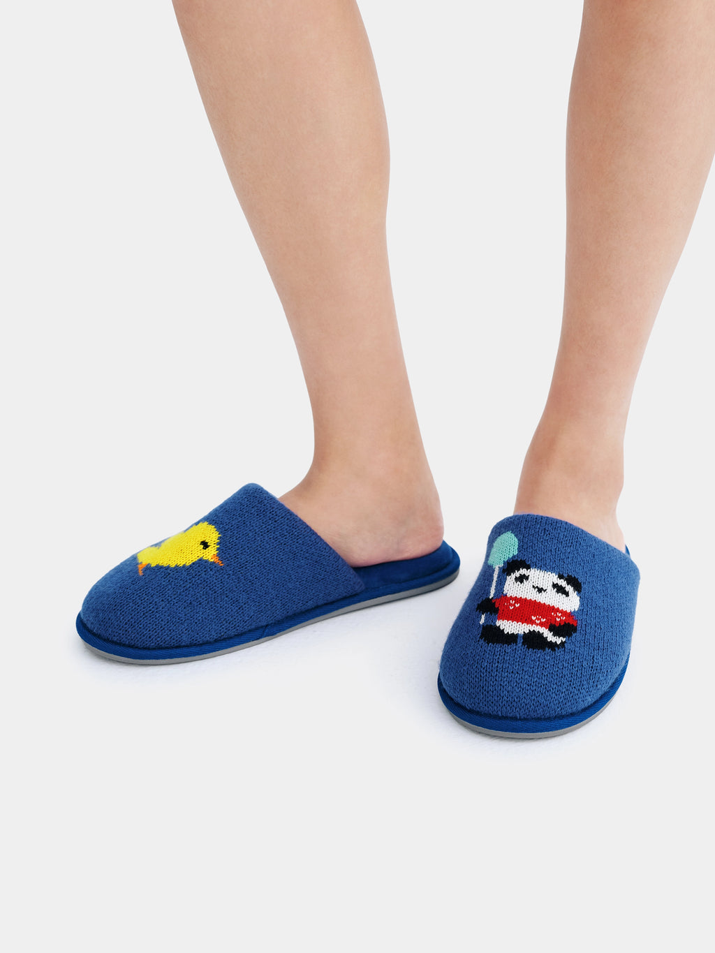 "panda pompom" Fluffy Slippers – Blue