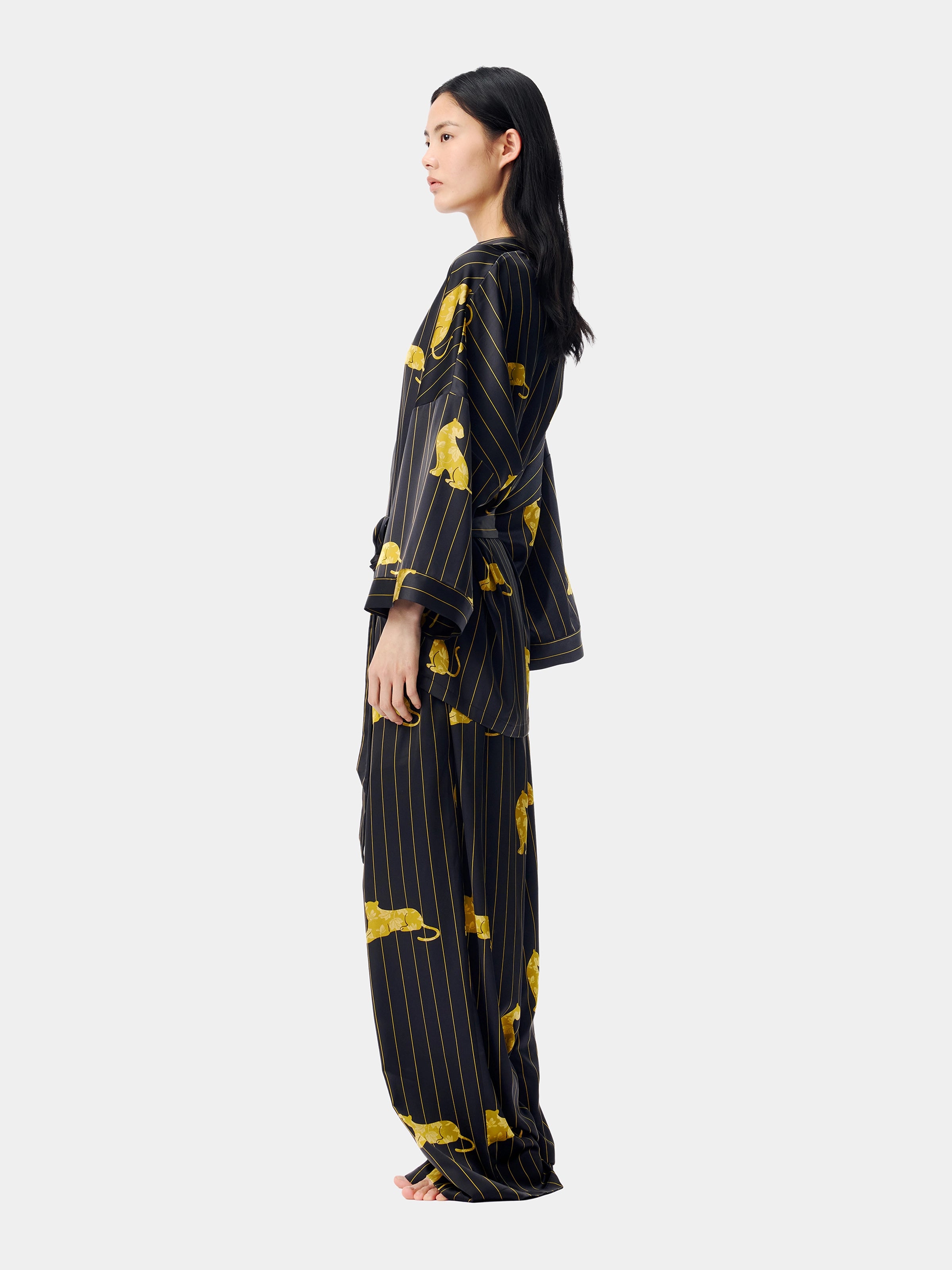 "Urban Jungle" Black Panther Satin Loungewear Set Robe & Pants – Dark Gold