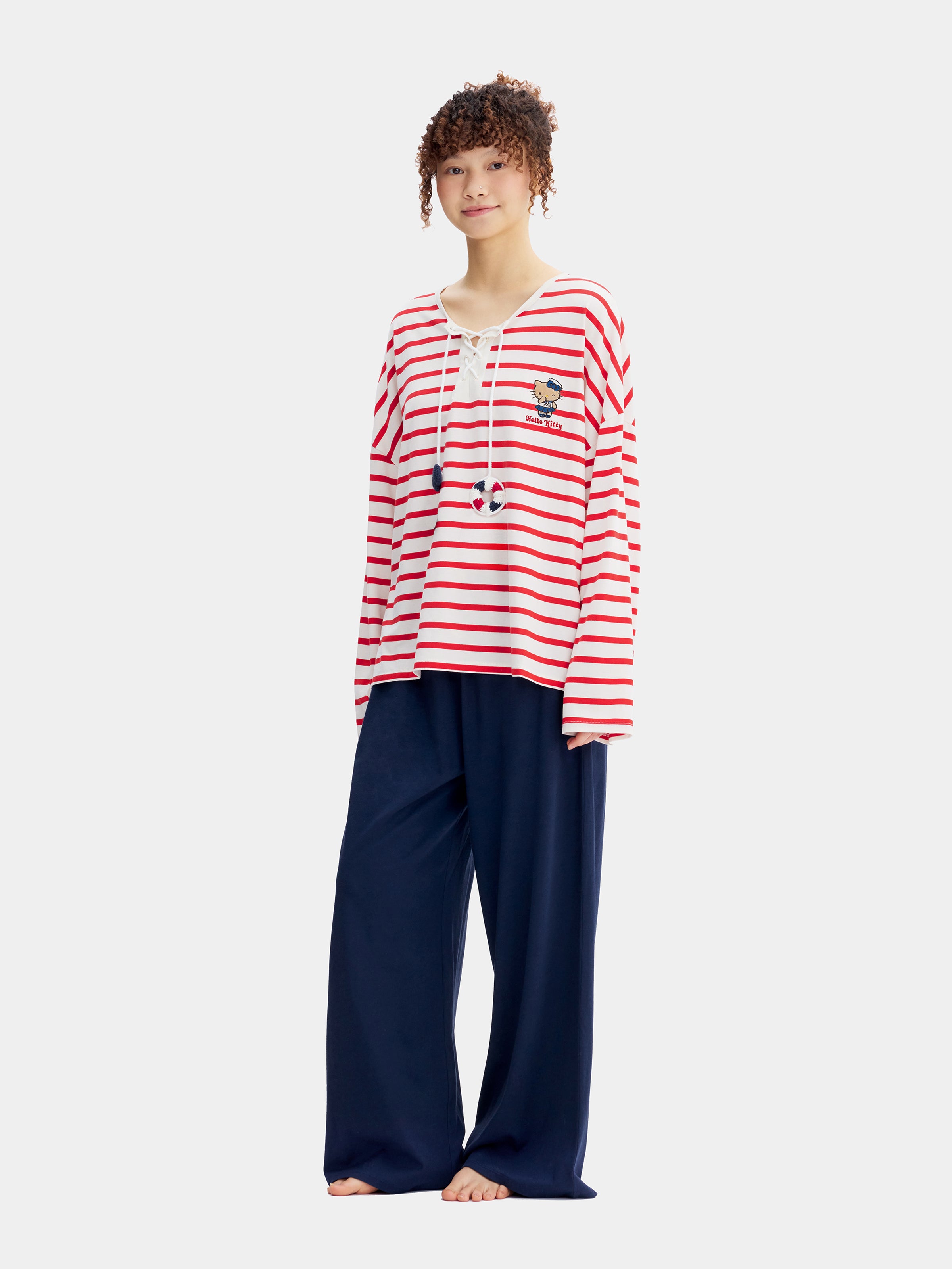 "Hello Kitty" Jersey Breton Stripe Loungewear Set Long Sleeve – Red & White
