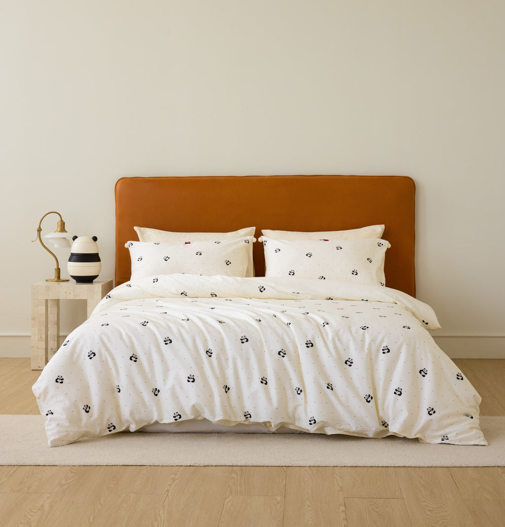 "Panda PomPom"  cotton sateen bedding set White