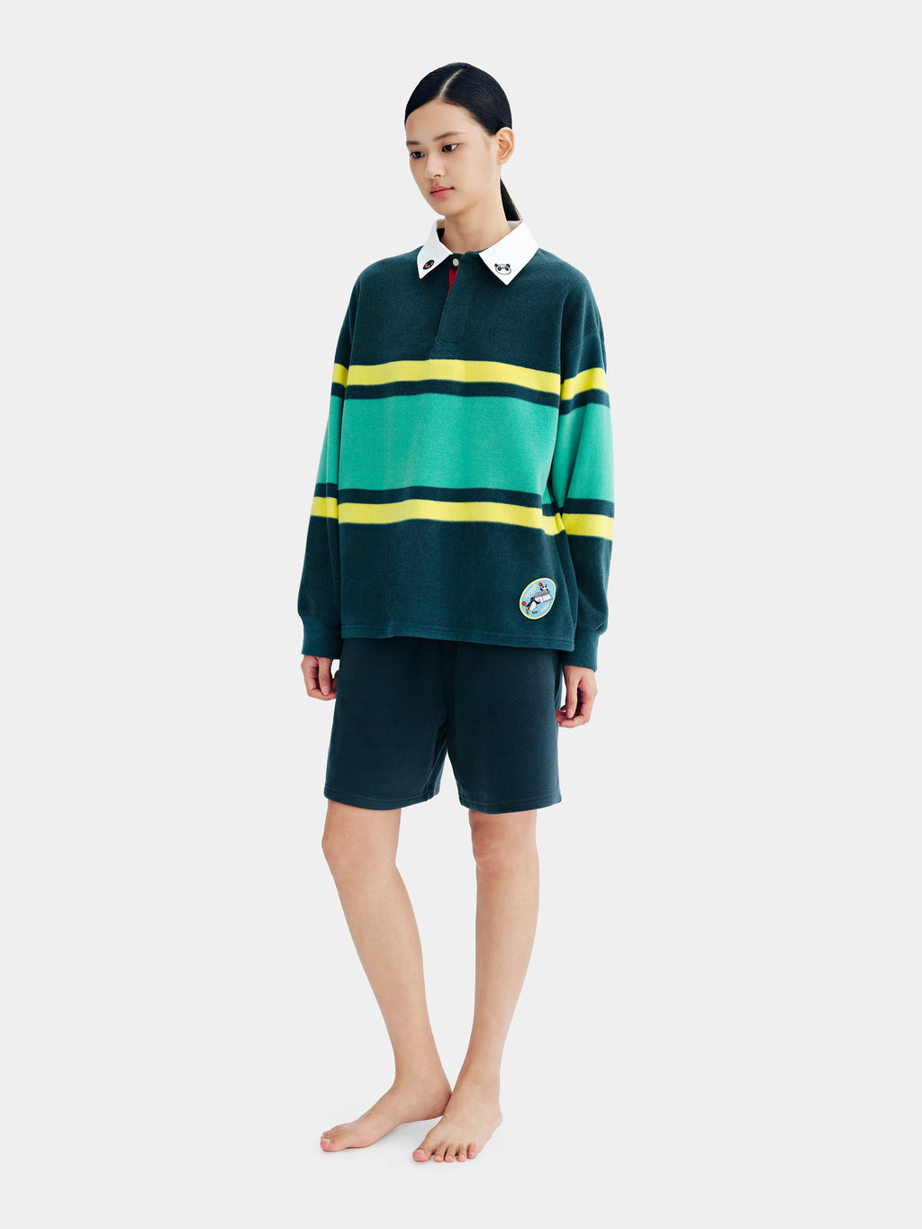 PIN!POM! Fleece Polo Loungewear Set-Long Sleeve & Shorts-Yellow & Green Stripes