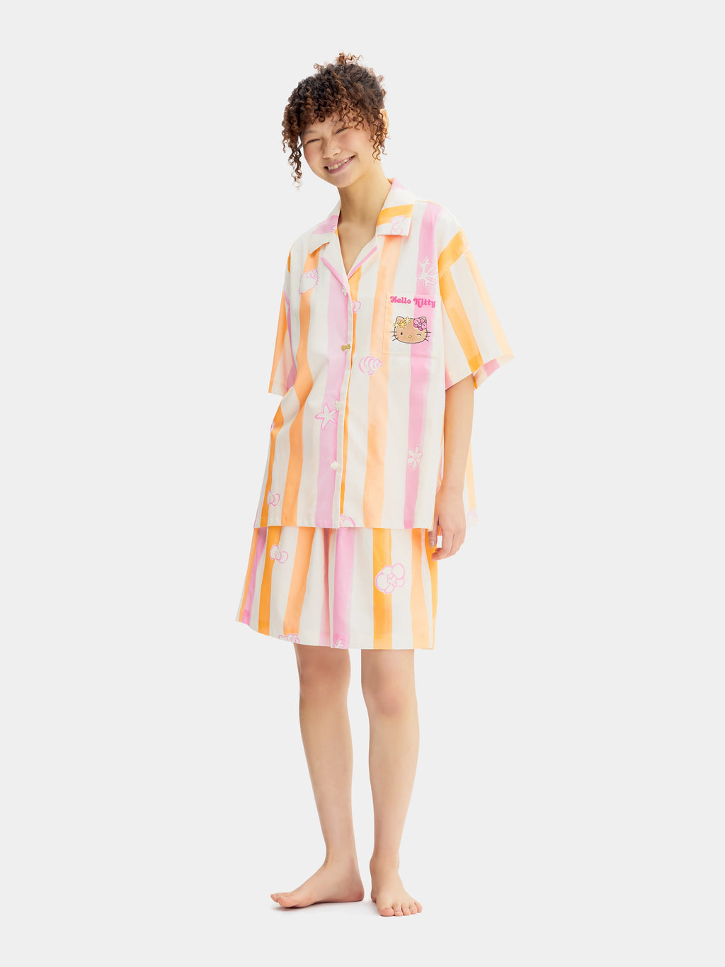 "Hello Kitty" Tencel Cotton Blend Loungewear Set Short Sleeve & Shorts – Coral Pink