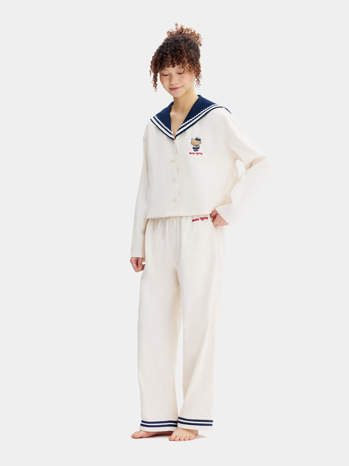"Hello Kitty" Cotton Sailor Collar Loungewear Set Long Sleeve