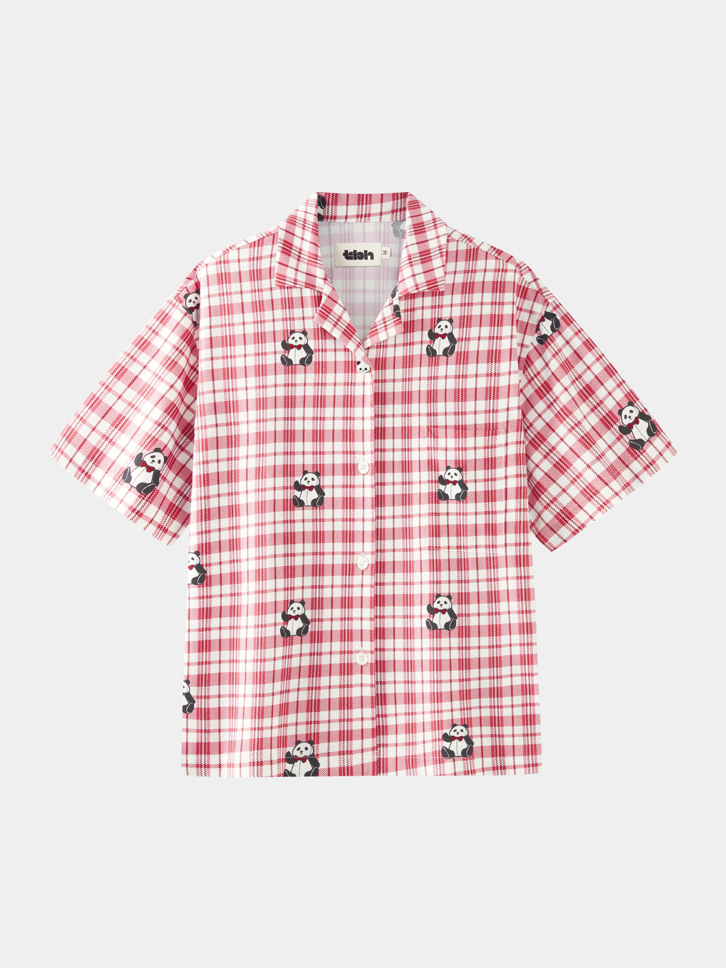 "Panda PomPom" Tencel Cotton Blend Short Sleeve Loungewear Set – Red Grid