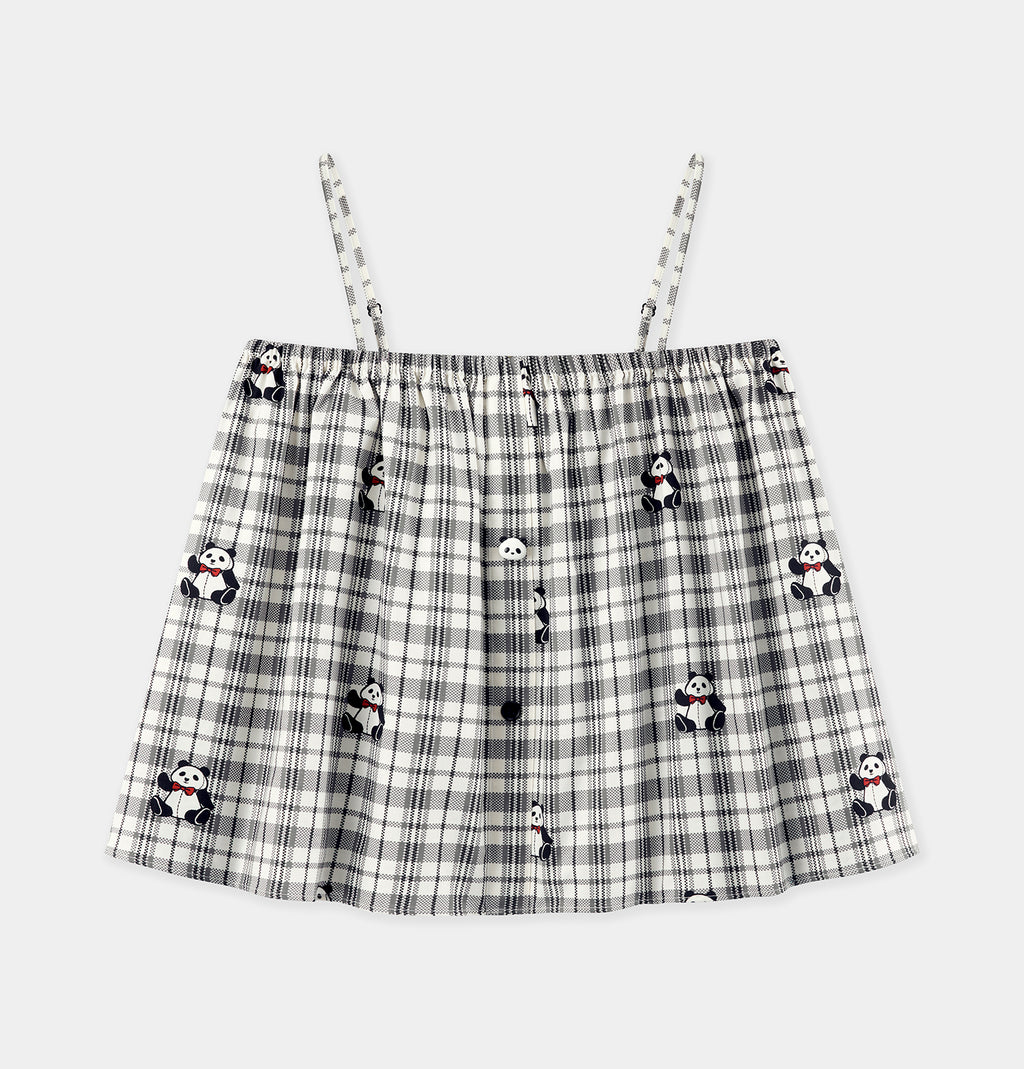 "Panda PomPom" Tencel Cotton Blend Spaghetti Strap Top & Shorts Pajama Set – Black Grid