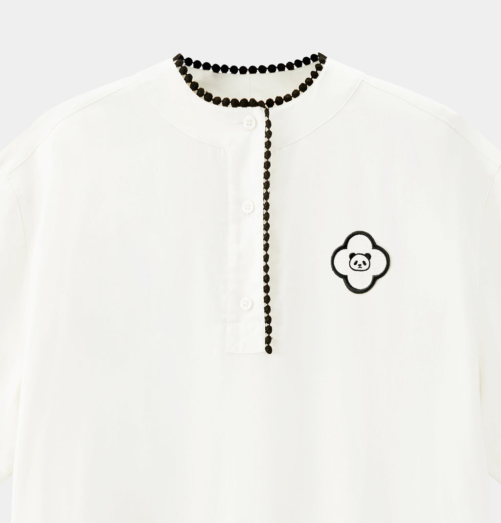 "Panda PomPom" Tencel Cotton Blend Crew Neck Short Sleeve Nightgown – Cream White