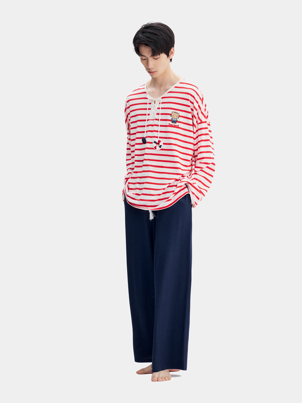 "Dear Daniel" Jersey Breton Stripe Loungewear Set Long Sleeve – Red & White