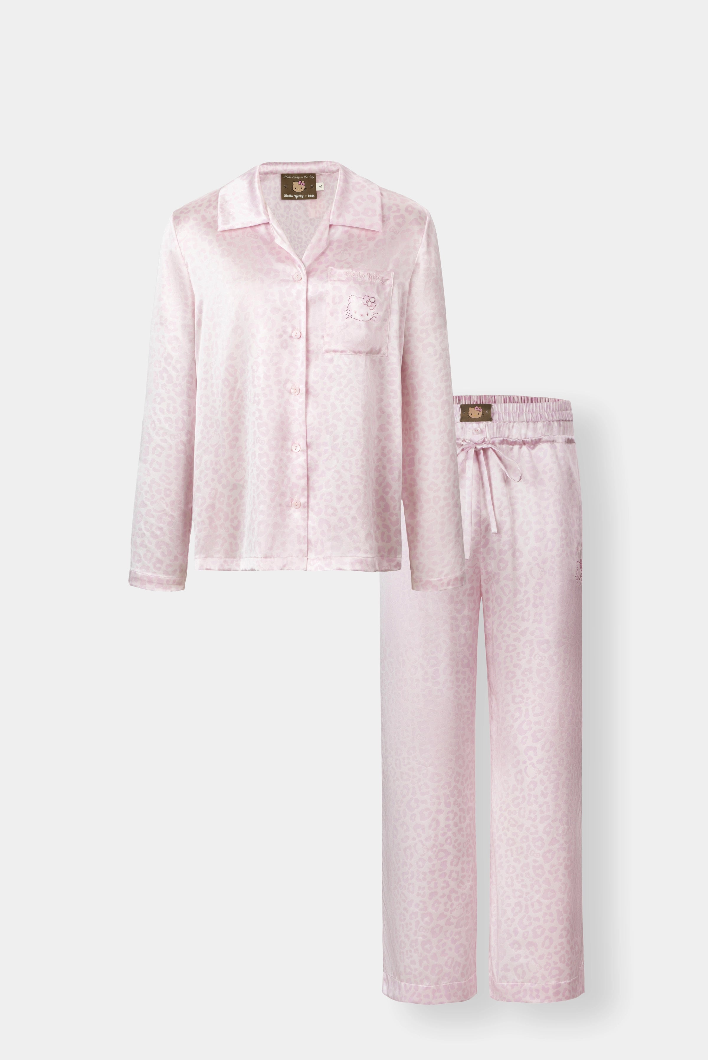 "Hello Kitty" Premium Heavy Mulberry Silk Loungewear Set Pink Leopard