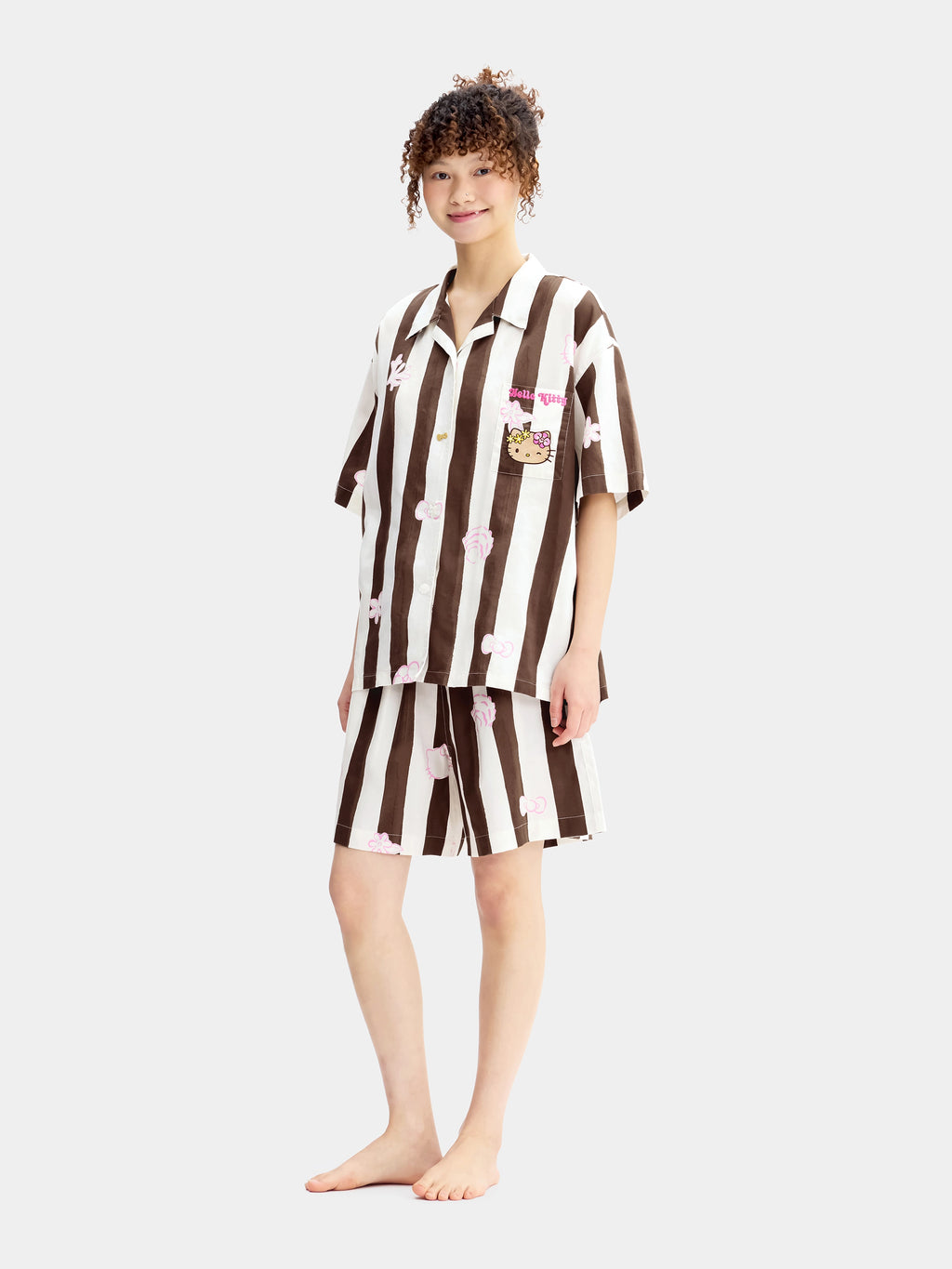 "Hello Kitty" Tencel Cotton Blend Loungewear Set Short Sleeve & Shorts – Coconut Brown