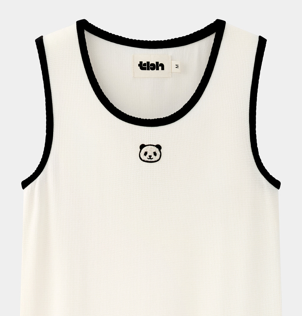 "Panda PomPom" Waffle Checks Nightgown – Cream White