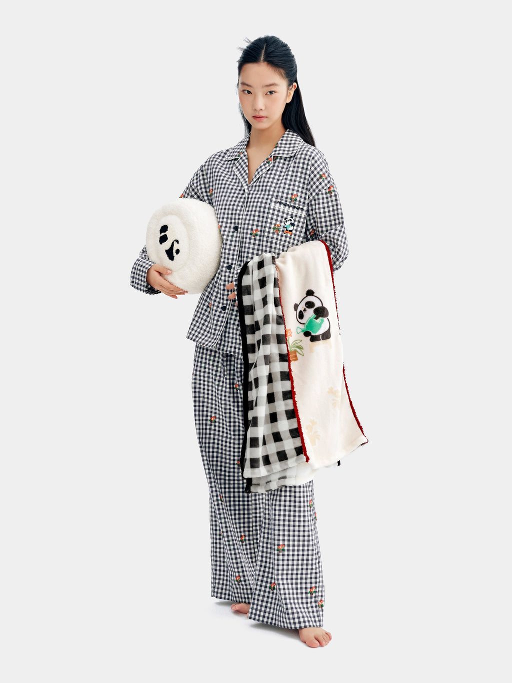 "panda pompom" 二合一法蘭絨毛毯／抱枕－復古糖果