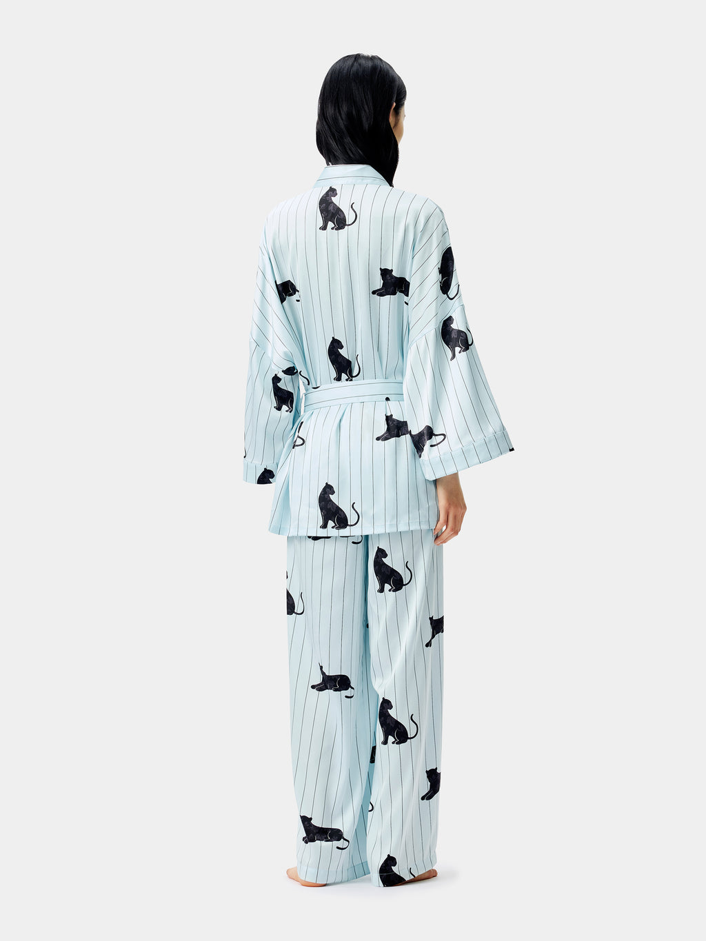 "Urban Jungle" Black Panther Satin Loungewear Set Robe & Pants – Mist Blue