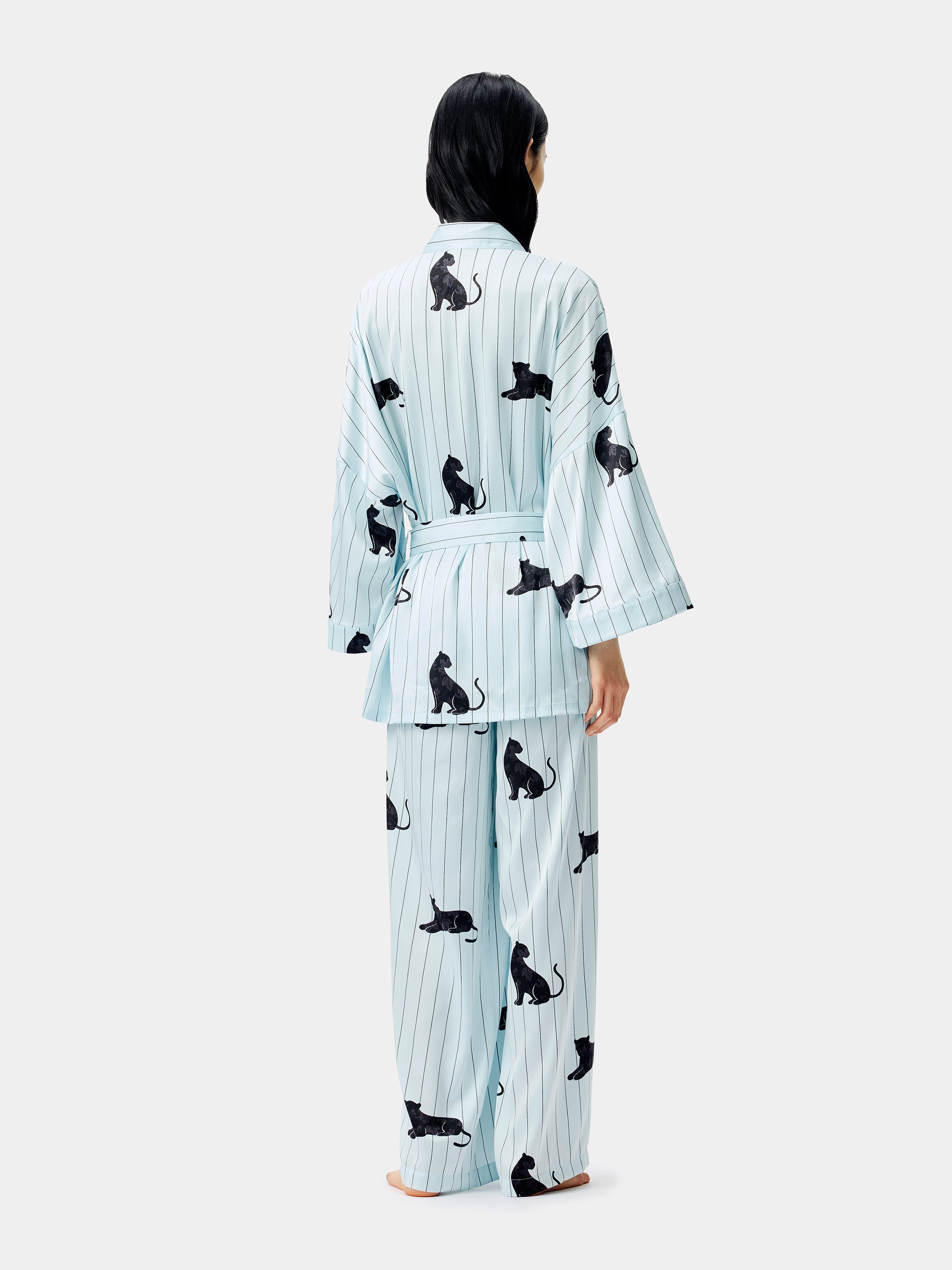 "Urban Jungle" Black Panther Satin Loungewear Set Robe & Pants – Mist Blue