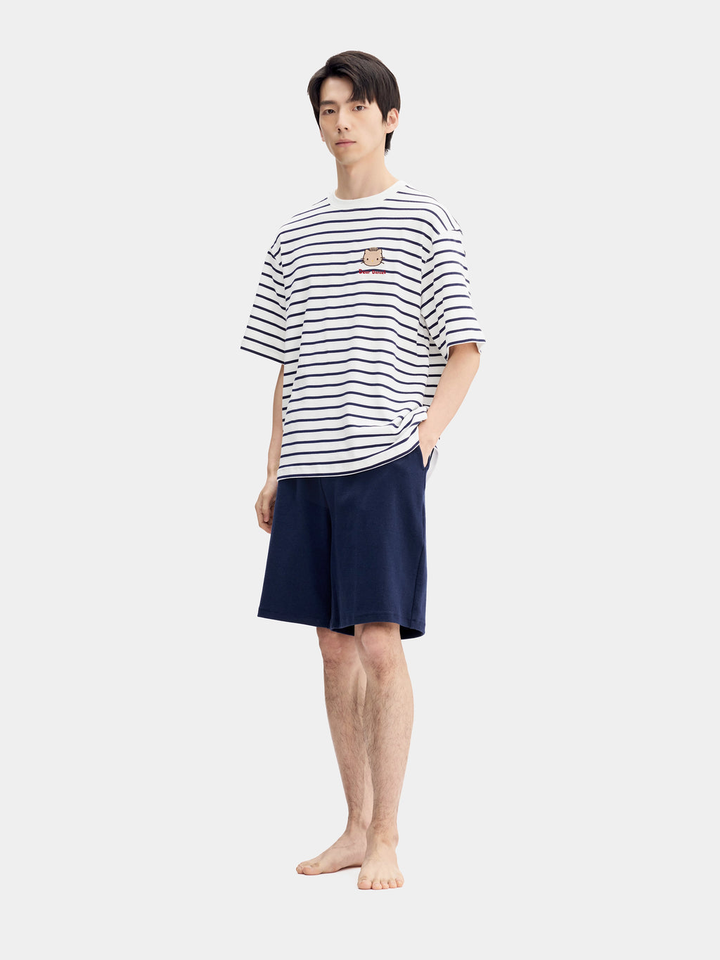 "Dear Daniel" Stretch Cotton Jersey Breton Stripe Loungewear Set Short Sleeve