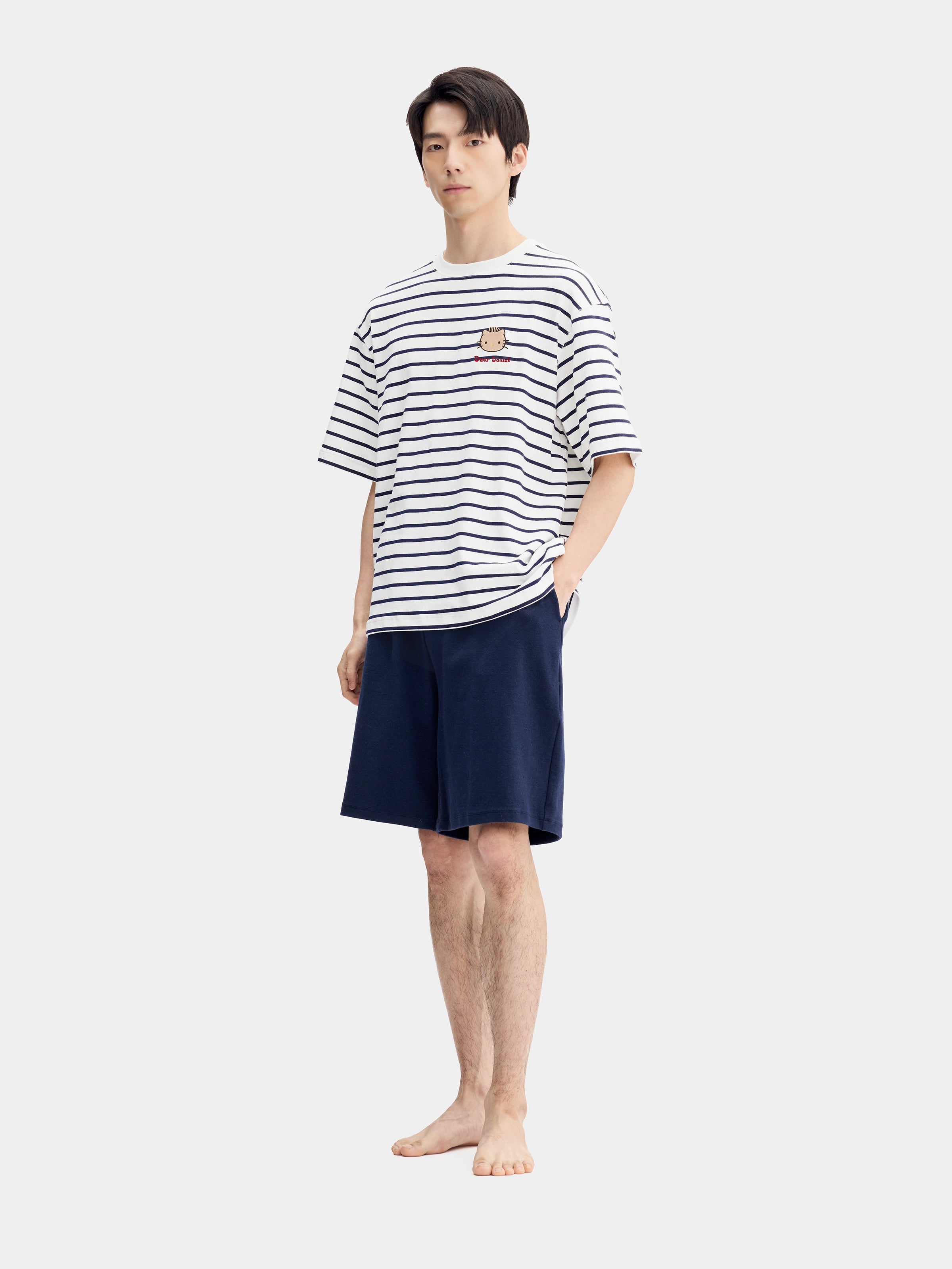 "Dear Daniel" Stretch Cotton Jersey Breton Stripe Loungewear Set Short Sleeve