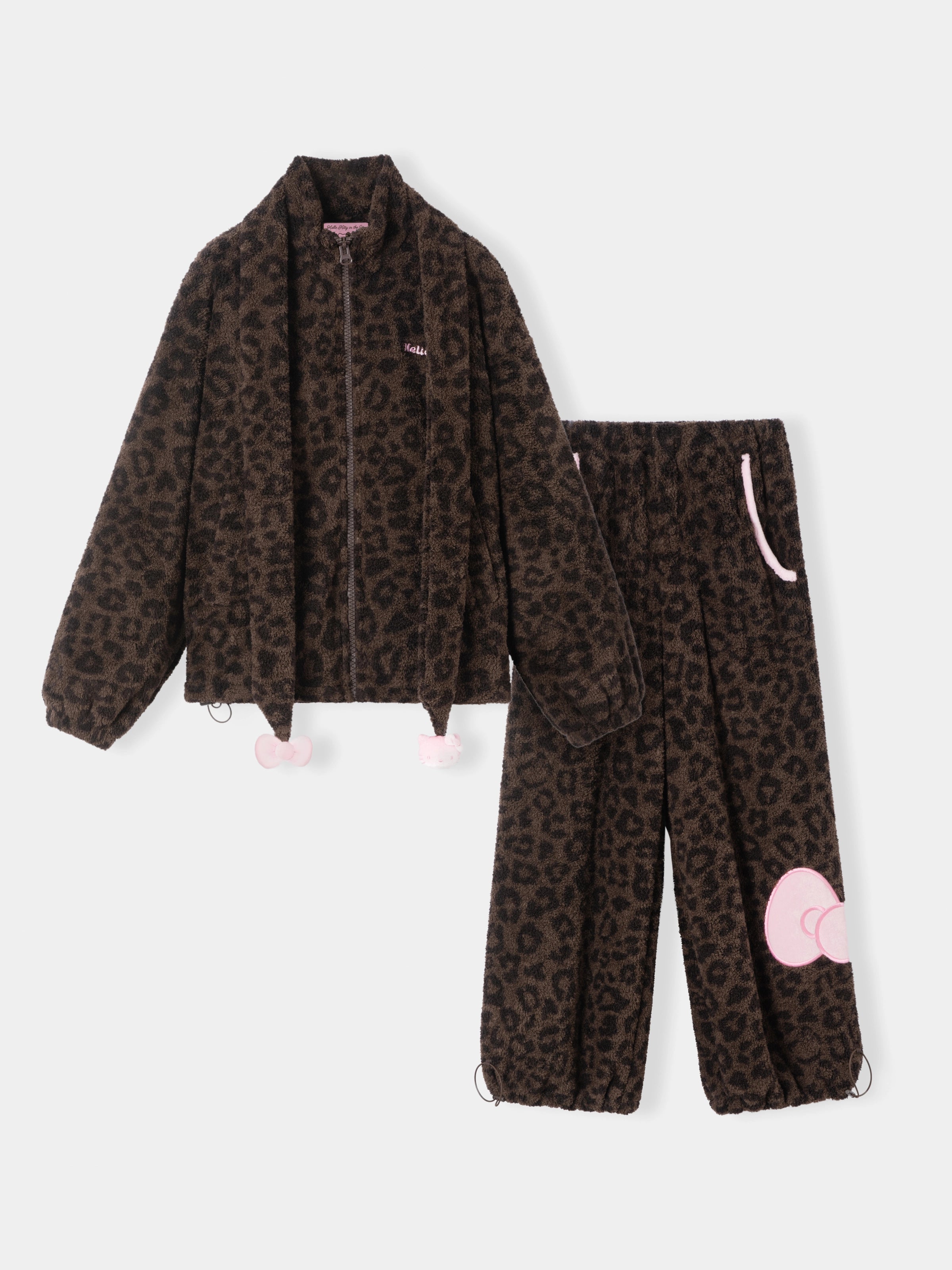"Hello Kitty" Polar Fleece Standing Collar Loungewear Set Choco