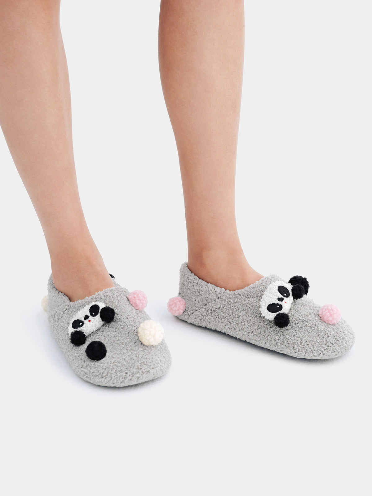 "panda pompom" Fluffy Slippers – Grey