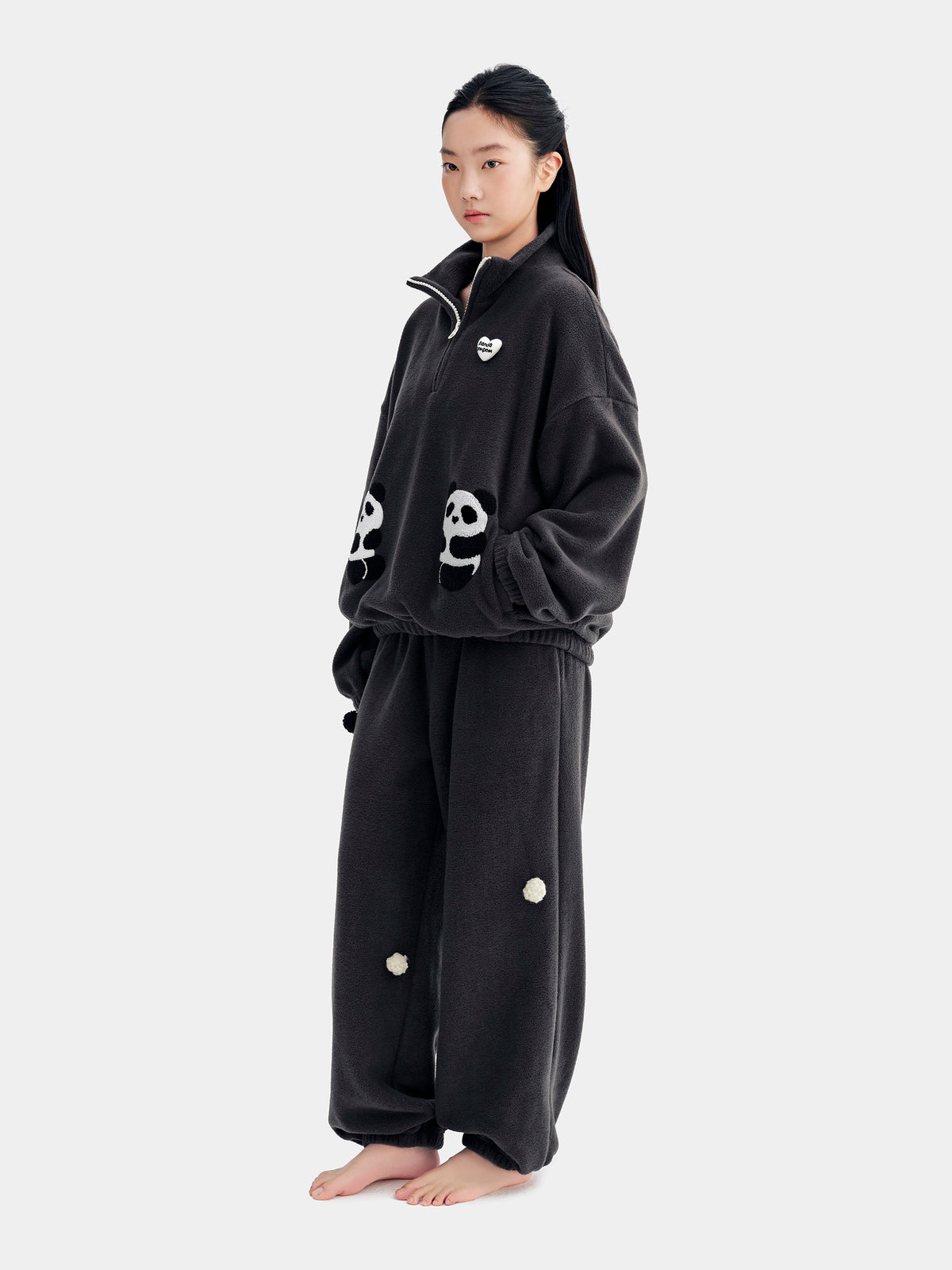 "panda pompom" Polar Fleece Pullover Loungewear Set Long Sleeve – Ink Black