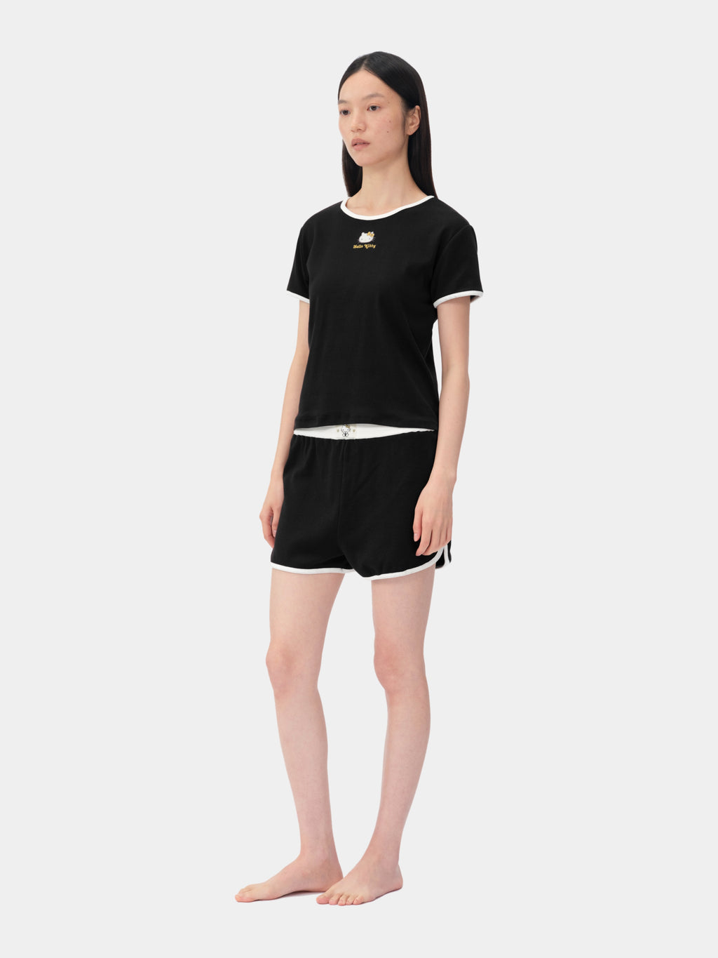 "Hello Kitty" Stretch Cotton Jersey Short Sleeve Loungewear Set – Classic Black