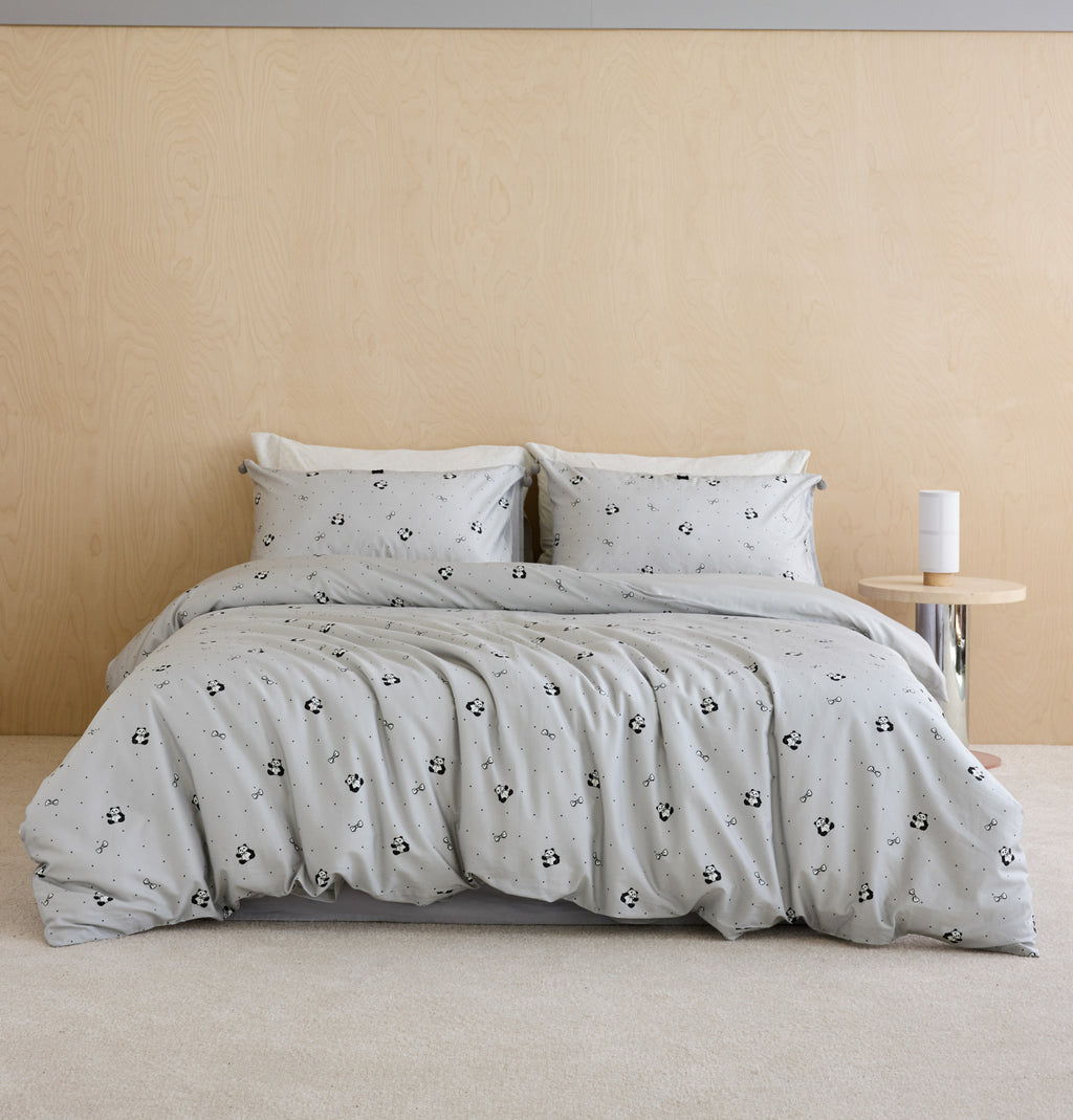 "Panda PomPom"  cotton sateen bedding set Gray