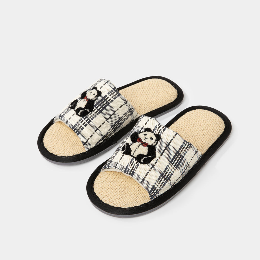 "Panda PomPom" Woven Slippers – Black Grid