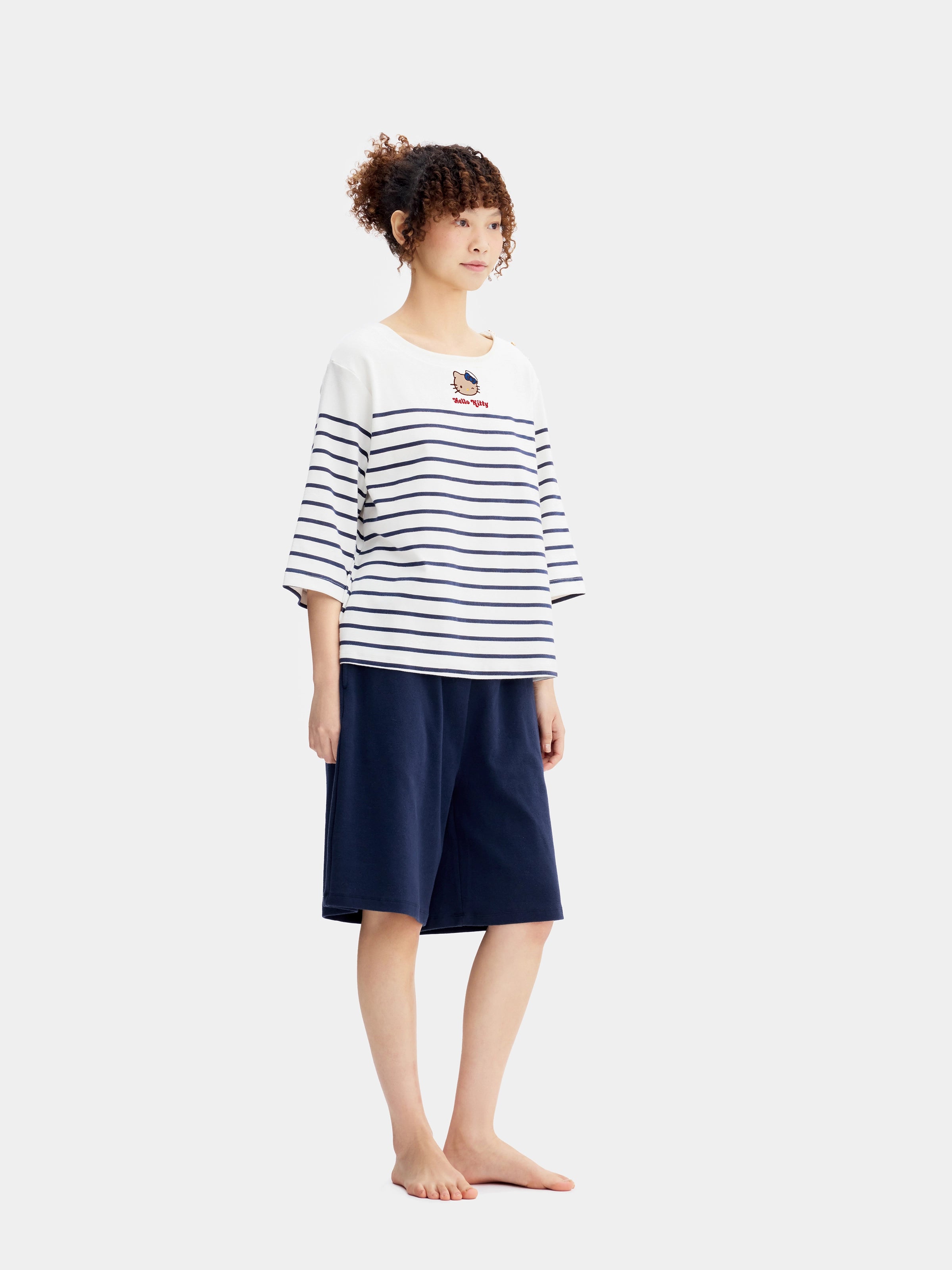 "Hello Kitty" Stretch Cotton Jersey Breton Stripe Loungewear Set Boat Neck Short Sleeve