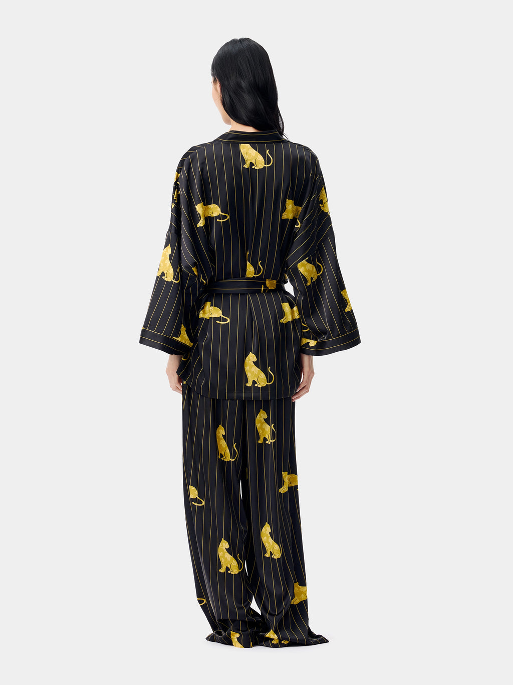 "Urban Jungle" Black Panther Satin Loungewear Set Robe & Pants – Dark Gold
