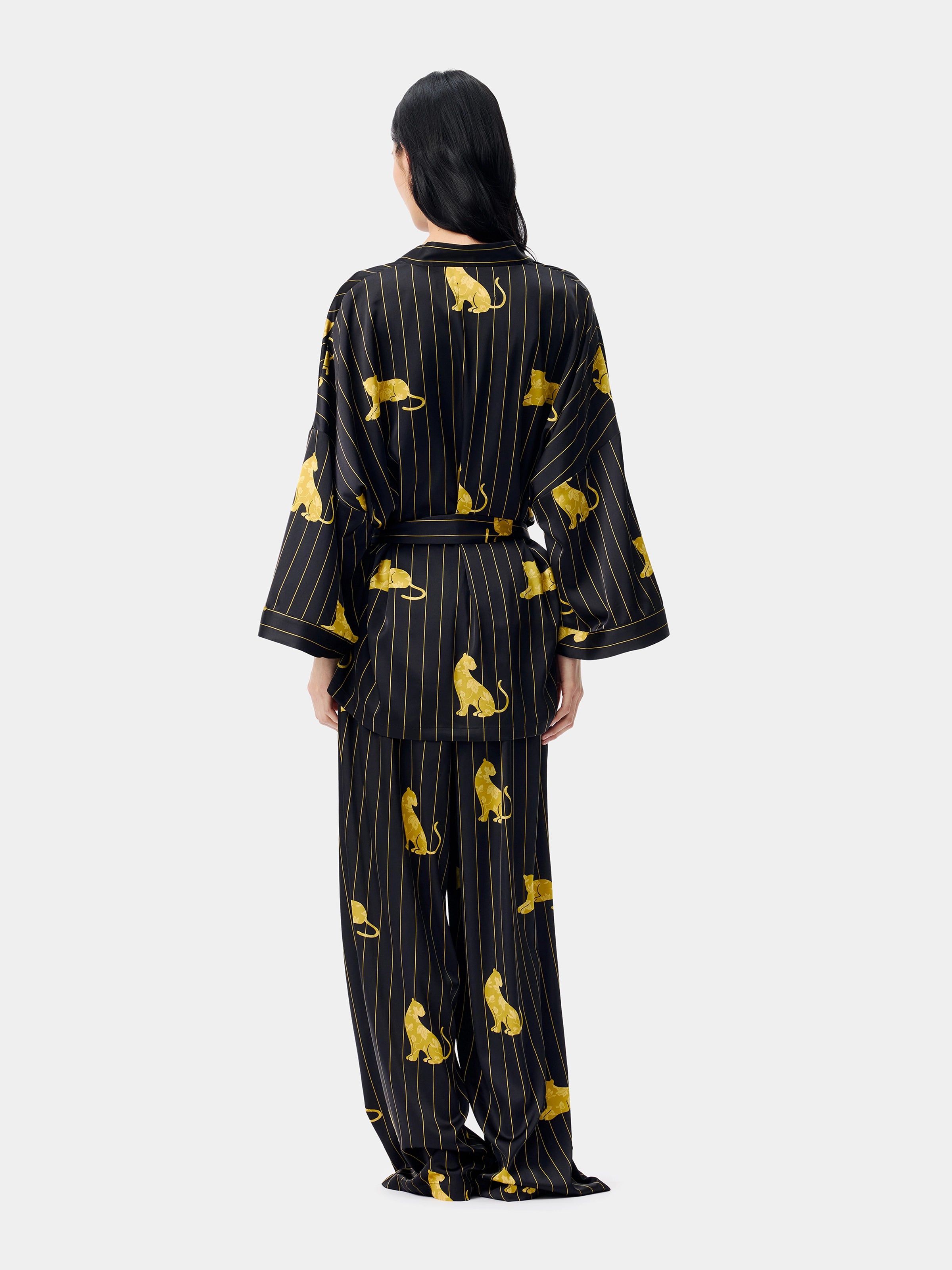 "Urban Jungle" Black Panther Satin Loungewear Set Robe & Pants – Dark Gold