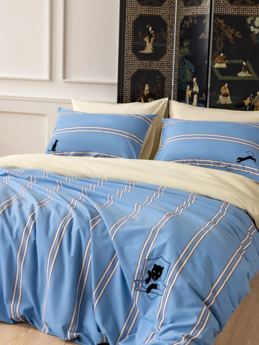 "Urban Jungle" Black Panther Yarn-Dyed Cotton Bedding Set – Blue