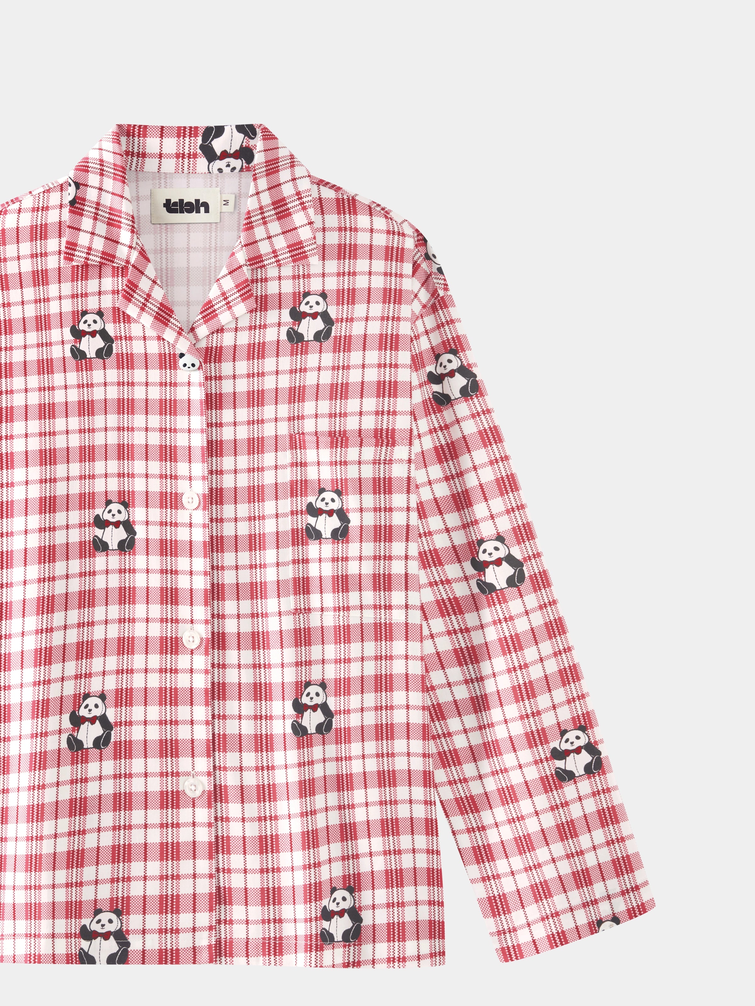 "Panda PomPom" Tencel Cotton Blend Loungewear Set – Red Grid