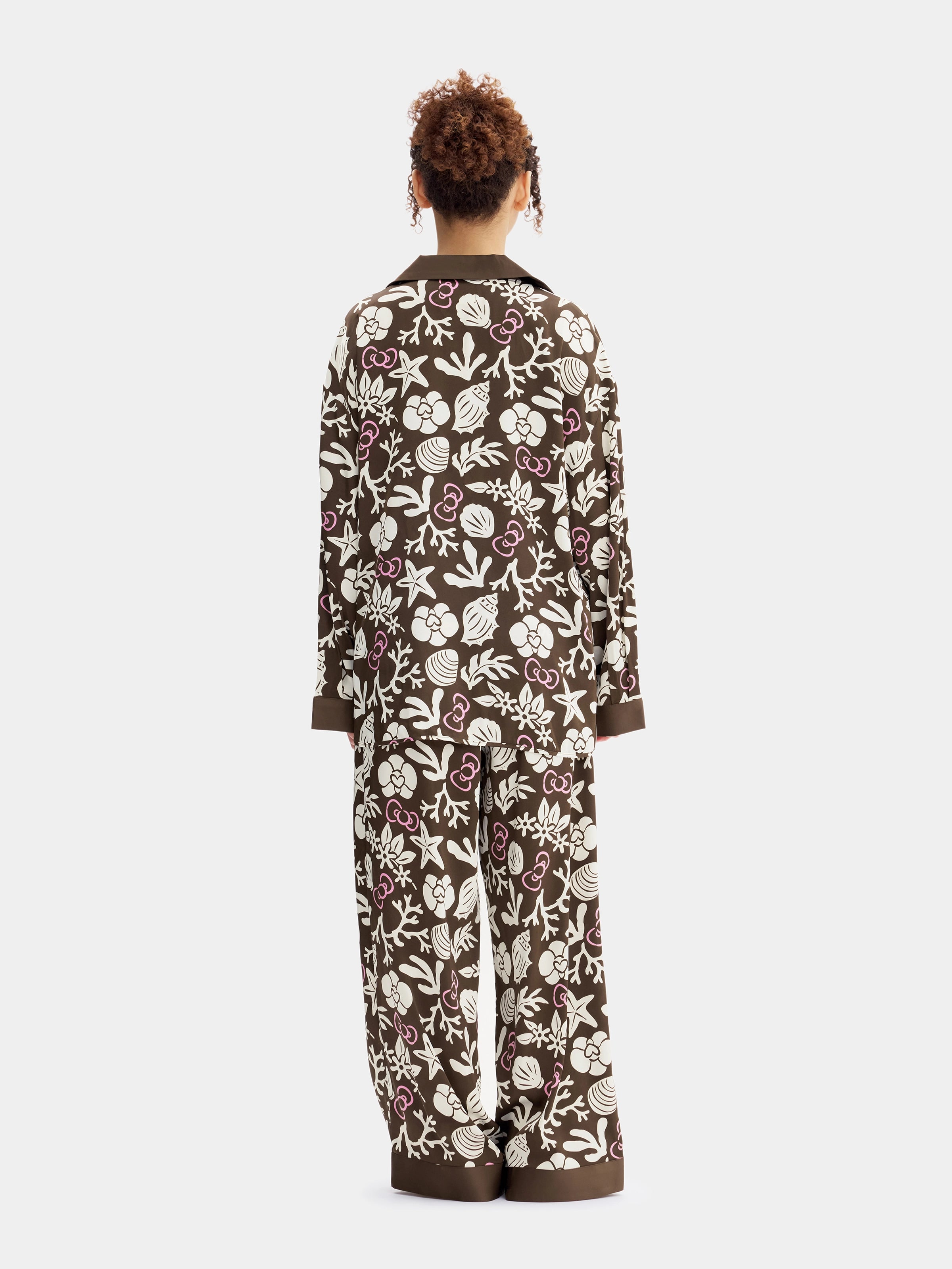 "Hello Kitty" Satin Loungewear Set Long Sleeve – Coconut Brown