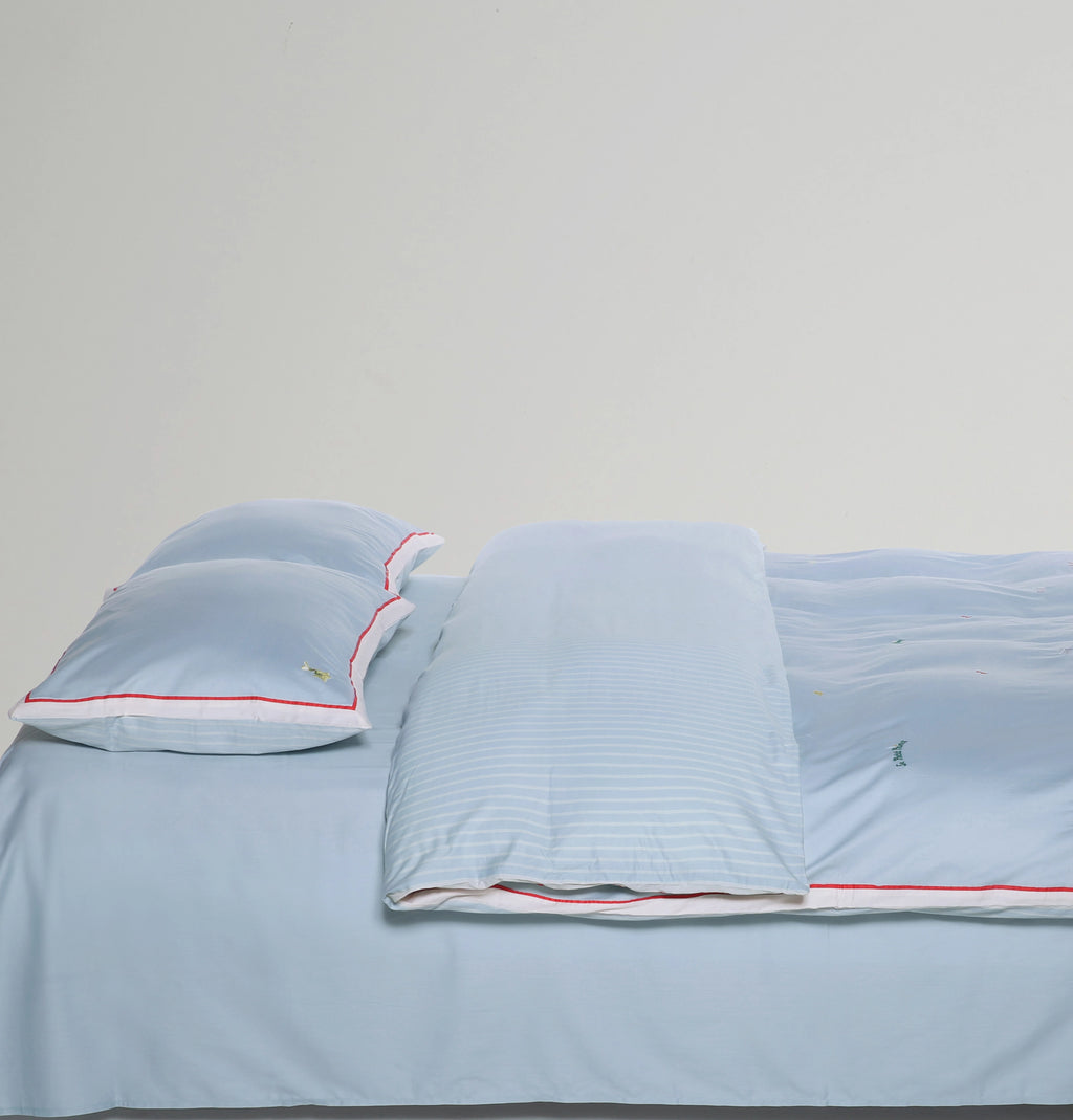 “Le Petit Prince” cotton embroidered bedding set Planet Blue