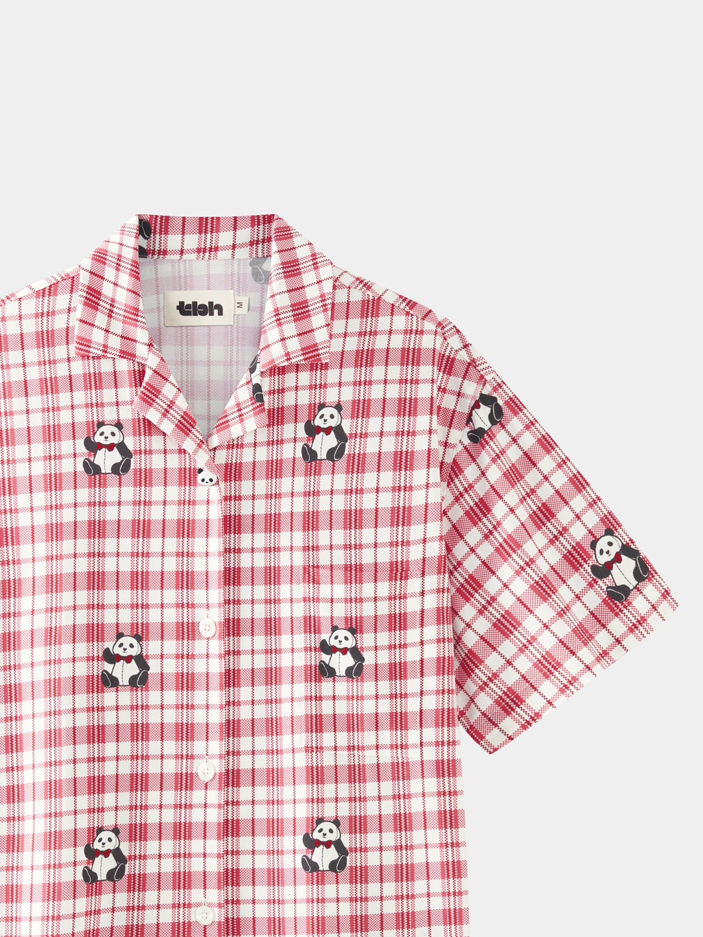 "Panda PomPom" Tencel Cotton Blend Short Sleeve Loungewear Set – Red Grid