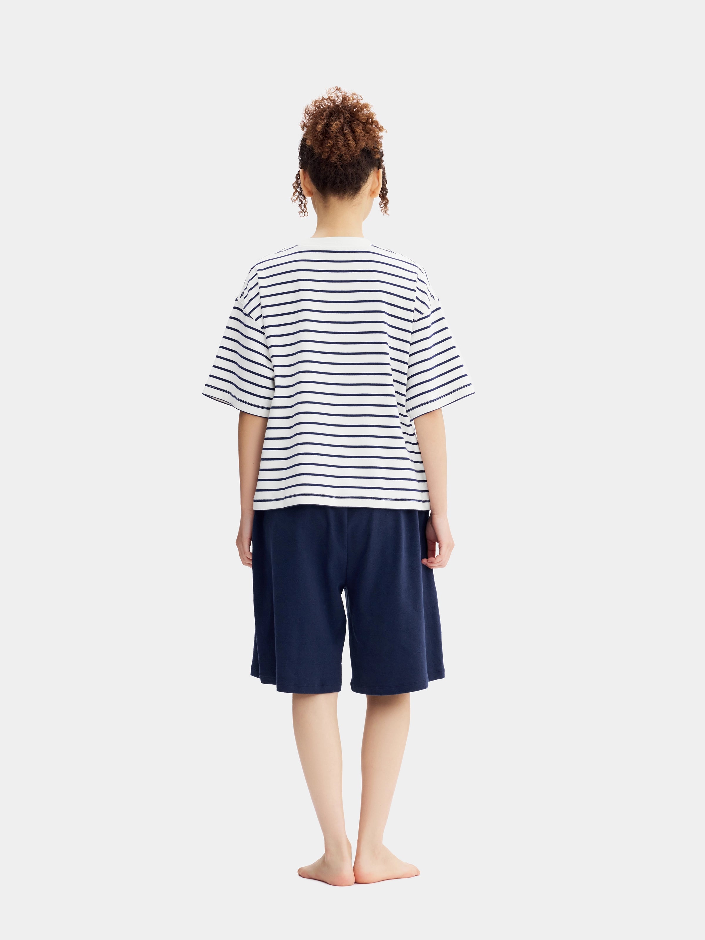 "Hello Kitty" Stretch Cotton Jersey Breton Stripe Loungewear Set Short Sleeve