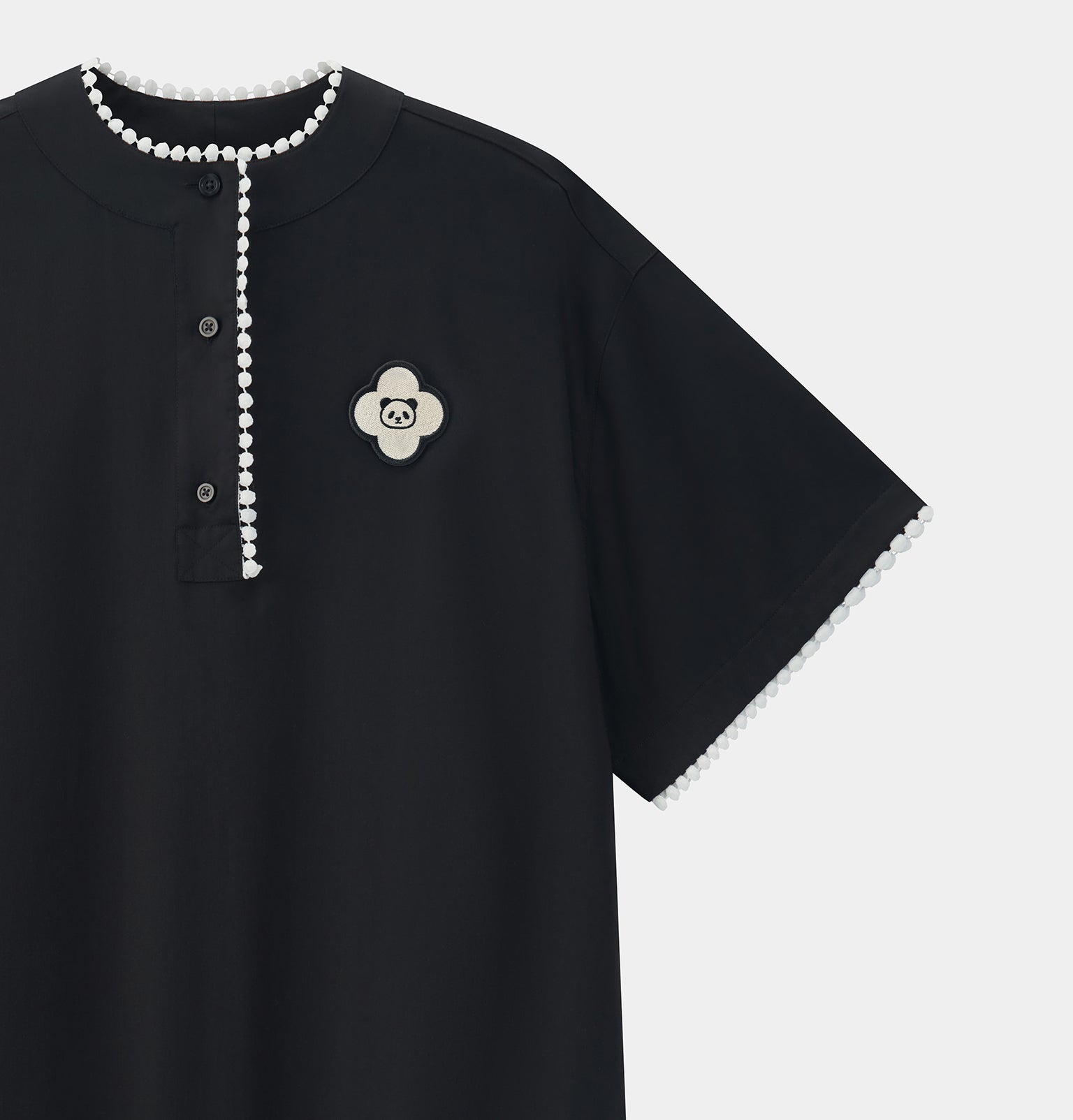 "Panda PomPom" Tencel Cotton Blend Crew Neck Short Sleeve Nightgown Black