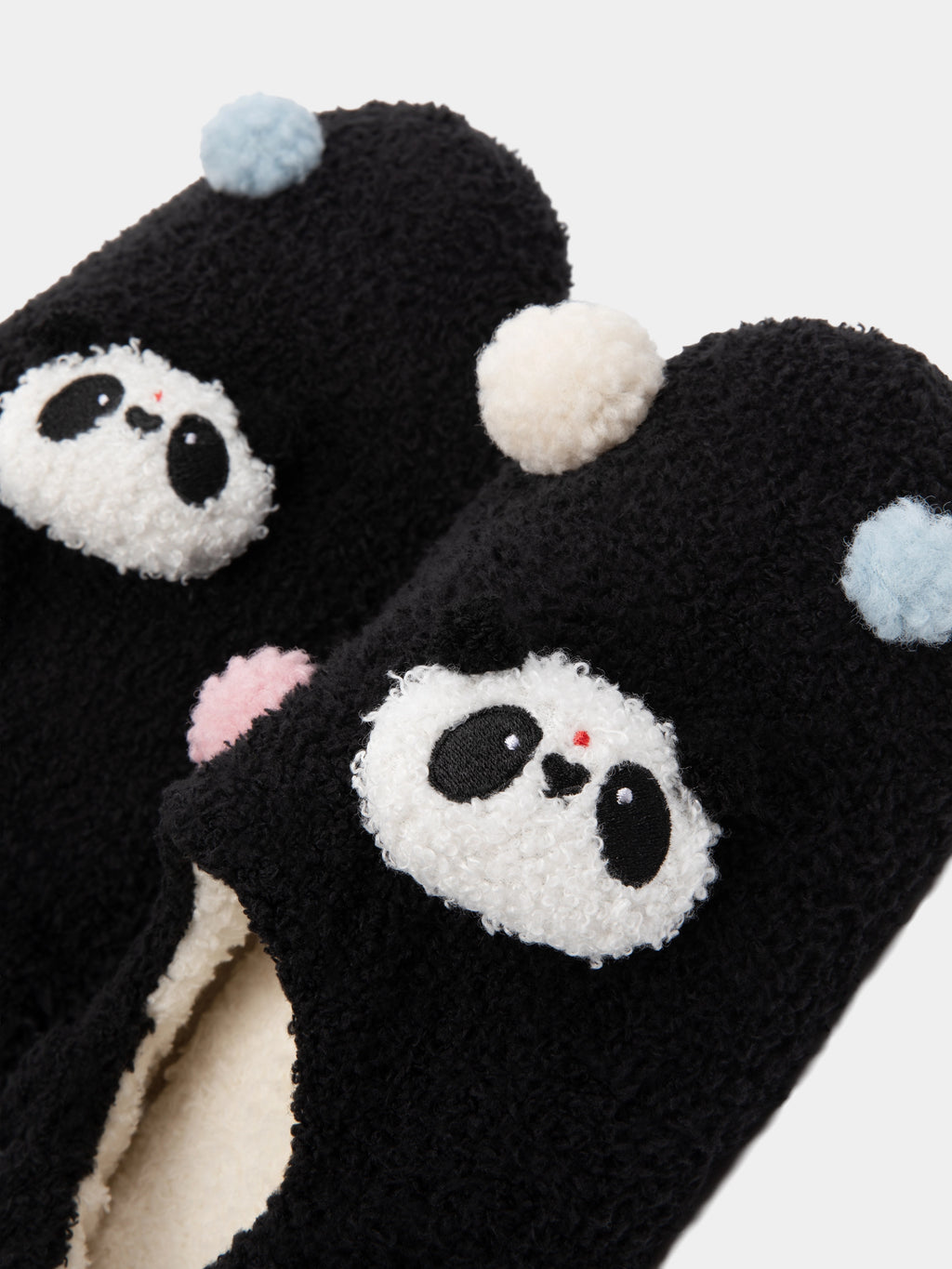 "panda pompom" Fluffy Slippers – Black