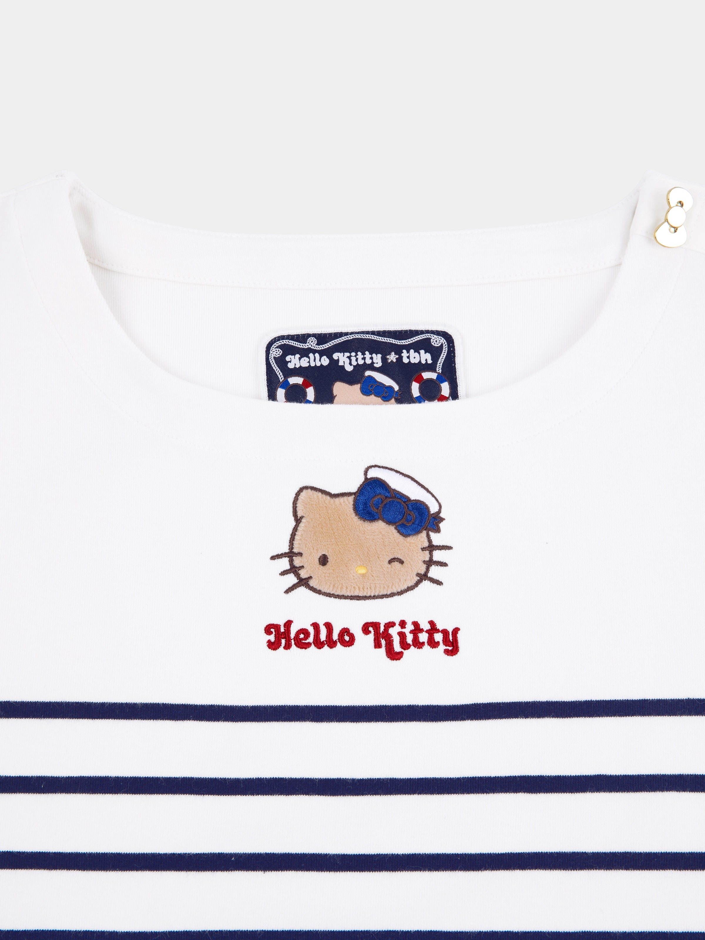 "Hello Kitty" Stretch Cotton Jersey Breton Stripe Loungewear Set Boat Neck Short Sleeve