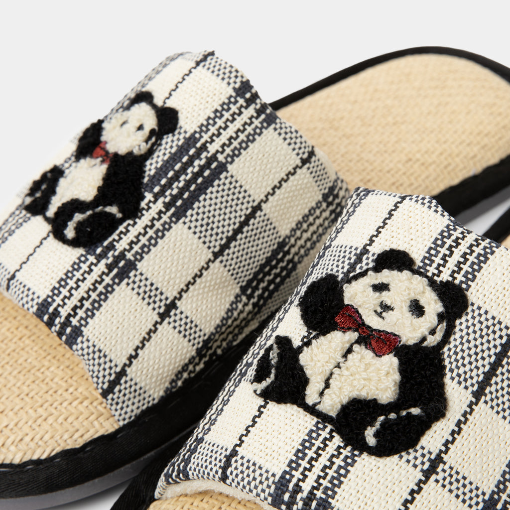 "Panda PomPom" Woven Slippers – Black Grid