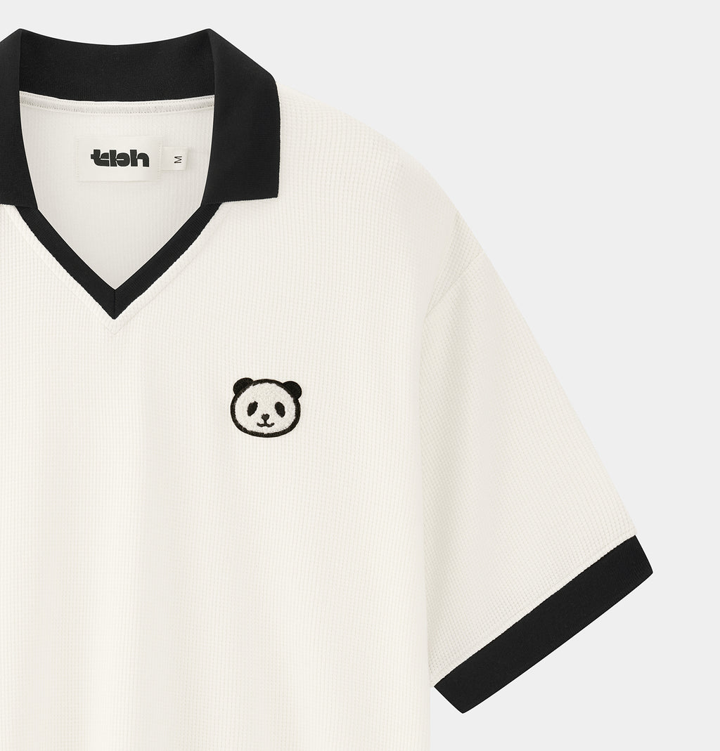 "Panda PomPom" Waffle Checks Polo Collar Nightgown – Cream White