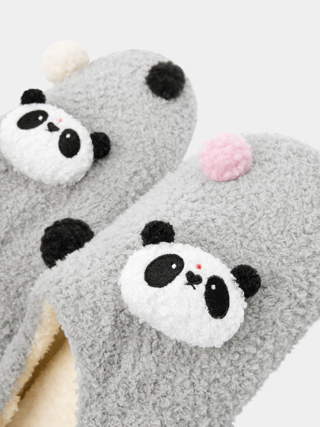 "panda pompom" Fluffy Slippers – Grey