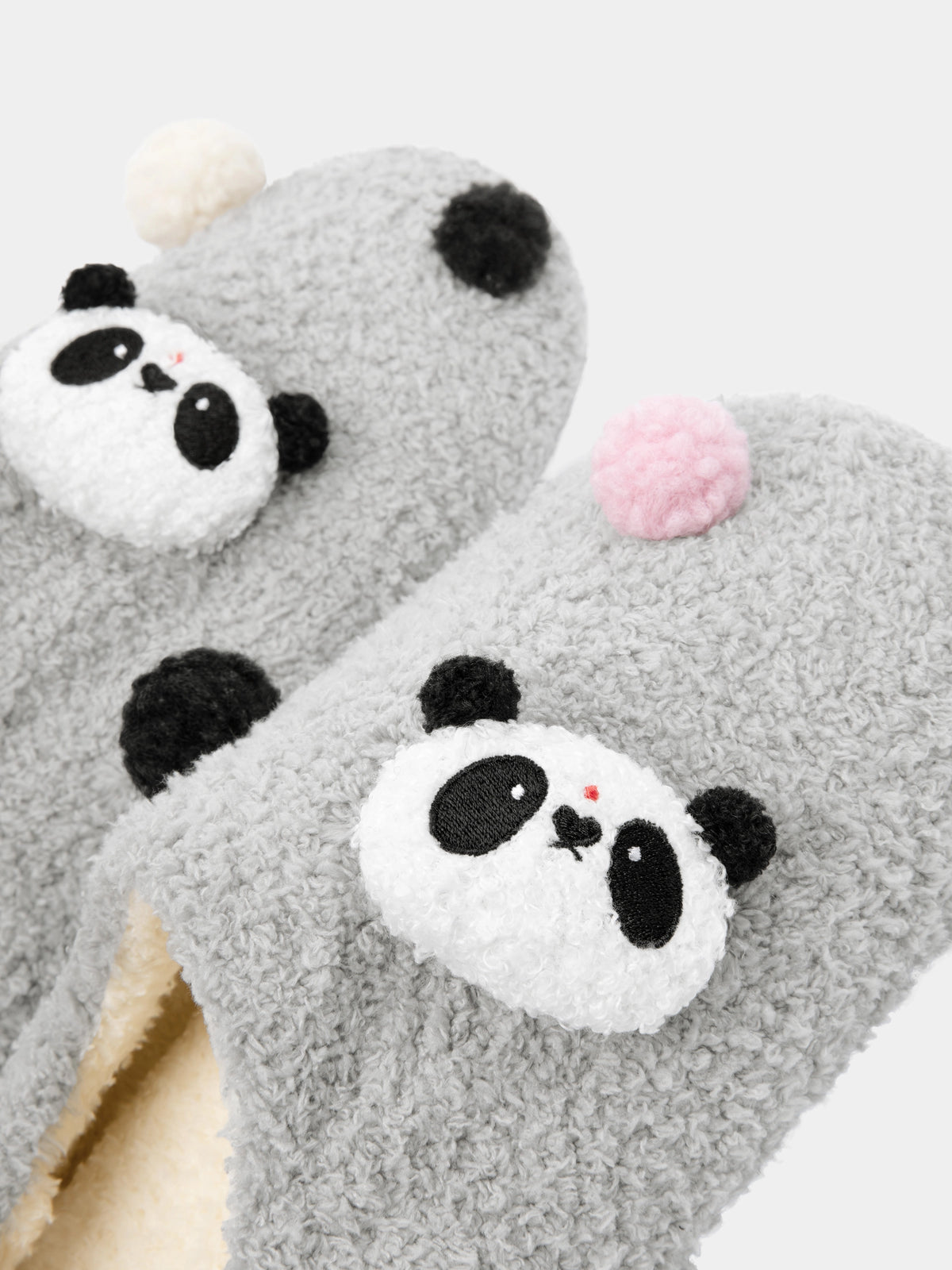"panda pompom" Fluffy Slippers – Grey