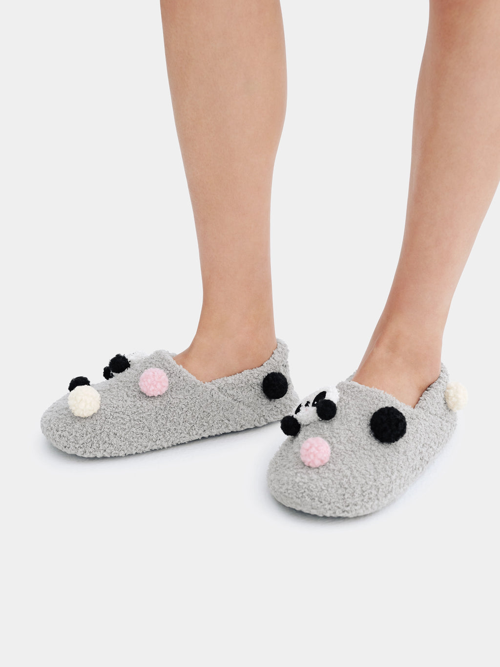 "panda pompom" Fluffy Slippers – Grey