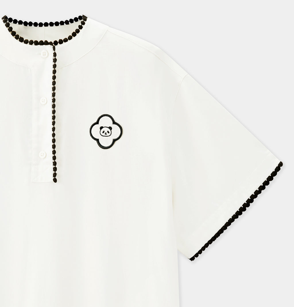 "Panda PomPom" Tencel Cotton Blend Crew Neck Short Sleeve Nightgown – Cream White