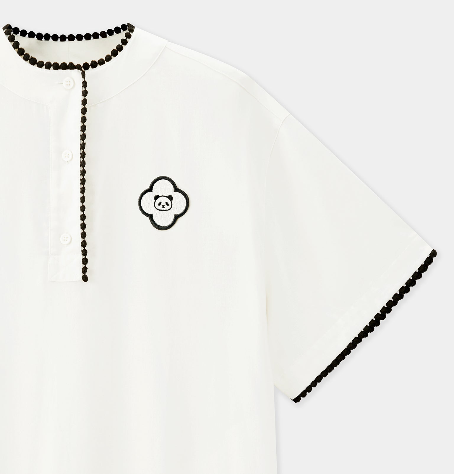 "Panda PomPom" Tencel Cotton Blend Crew Neck Short Sleeve Nightgown Cream White